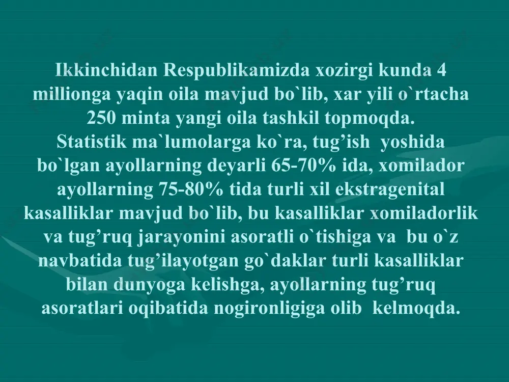 tibbiy ilmiy yordam markazi va filiallari yuqori malakali mutaxassislar bilan ta`minlanyapdi.bu yerda shoshilinch ginekologiya bo`limini tashkil qilindi, bu yerda yuqori malakali vrach ishlaydi. 2003y.uzr ssv-gi 500-chi buyruq qabul qildi, bu buyruqda akusher-ginekologiya xizmati yanada mukammallashtirish, tug’uruq statsionarini tuzilishi xaqida va boshqalar qabul qilindi. muassasalarni jihozlash * * o’zbekiston respublikasida statsionar akusher-ginekologiya yordamini tashkil qilish: i-umumiy profil -tuman markaziy shifoxonasi ii-maxsus profil -1.shaxar tug’ruq muassasasi (perinatal markazlar) 2.viloyat tug’ruq kompleksi iii-maxsus profil -1.respublika perinatal markazi 2.akusherlik va ginekologiya ilmiy tekshirish markazi va filiallari 3.tibbiyot institutlari akusher-ginekologik klinikalari tug’ruqxona va ayollarga ambulator-poliklinik yordamini tashkil qilish vazifalari: xomilador va farzand ko’rgan ayollarga davolov profilaktik yordam kursatish, qizchalarga,qizlarga,ayollarga, va yoshi ulg’aygan ayollarga komplekt xizmat kursatishni tashkil qilish. onalar o’limini,o’lik tug’ilishni, go’daklarni o’limini va ginekologik, shu bilan birga vaqtincha mexnat qobilyatini yo’qotish, kasallanishni kamaytirish. chala tug’ilish sonini kamaytirish. ayollarni farzand ko’rishga psixologik tayyorlash. ginekologik kasallarga va akusher patologiyalarda umumiy va ixtisoslashgan davolov yordam kursatish. ishlayotgan …