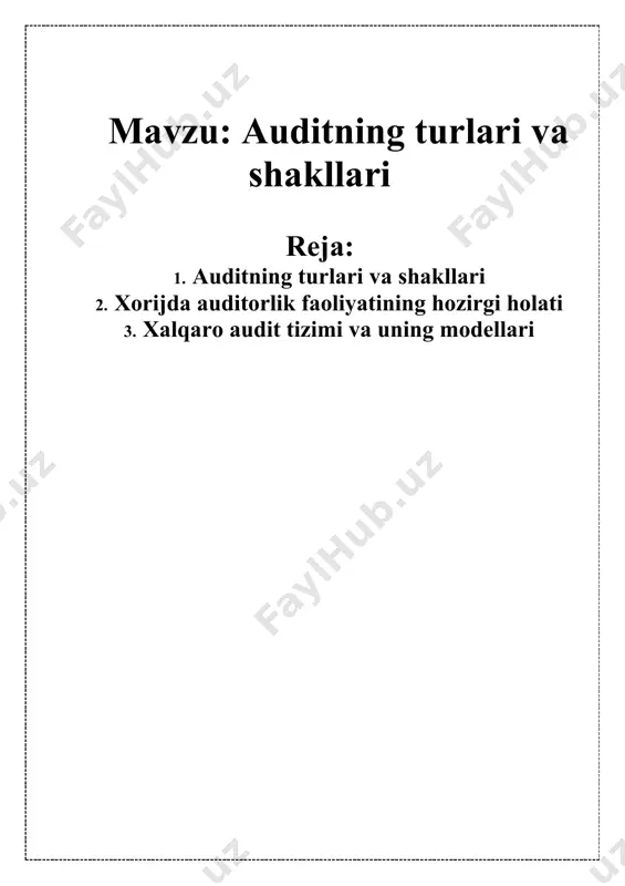 ng samaradorligini tekshirish va aniqlashda mustaqil baho berishdir. ichki audit uchun korxonaning o’zi yoki uning bir bo’limi – korxona ichidagi nazorat bo’limi javob beradi. ichki auditning maqsadi · korxona xizmatchilariga o’zlarining majburiyatlarini a’lo darajada bajarishga yordam berishdir. ichki audit korxonaga tekshirilayotgan ob’ektlar haqida aniq tahlil, baholash, tavsiya maslahat va ma’lumotlarni beradi. ichki auditning vazifalari quyidagilardan iborat: · korxonaning ishiga moliyaviy nazorat; · iqtisodiy ko’rsatkichlar bo’yicha ichki nazorat tizimi ixtisoslashganligini tekshirish; · boshqaruv xodimlarining ishlab chiqarish va sotish bo’yicha tahlil ishlari; · korxonalarning likvidligi, rentabelligi va ish faoliyatini baholash. · korxona ishini yaxshilash bo’yicha tavsiyalar ishlab chiqish. korxonada ichki auditorning bo’lishi shu korxona uchun foydalidir. tekshirish o’tkazish usullari tashqi auditnikiga o’xshash bo’lib, tekshirish hajmi va ob’ekti jihatdan farq qiladi. ichki audit, avvalo, korxonada moddiy boyliklarning saqlanishi va foydalanilishi, hisob-kitobning to’g’riligi va boshqa ob’ektlarni tekshirishga qaratiladi. ichki auditda, odatda, to’liq tekshirish o’tkaziladi. ichki audit faoliyatining eng keng tarqalgan turi operatsion auditdir. operatsion …
