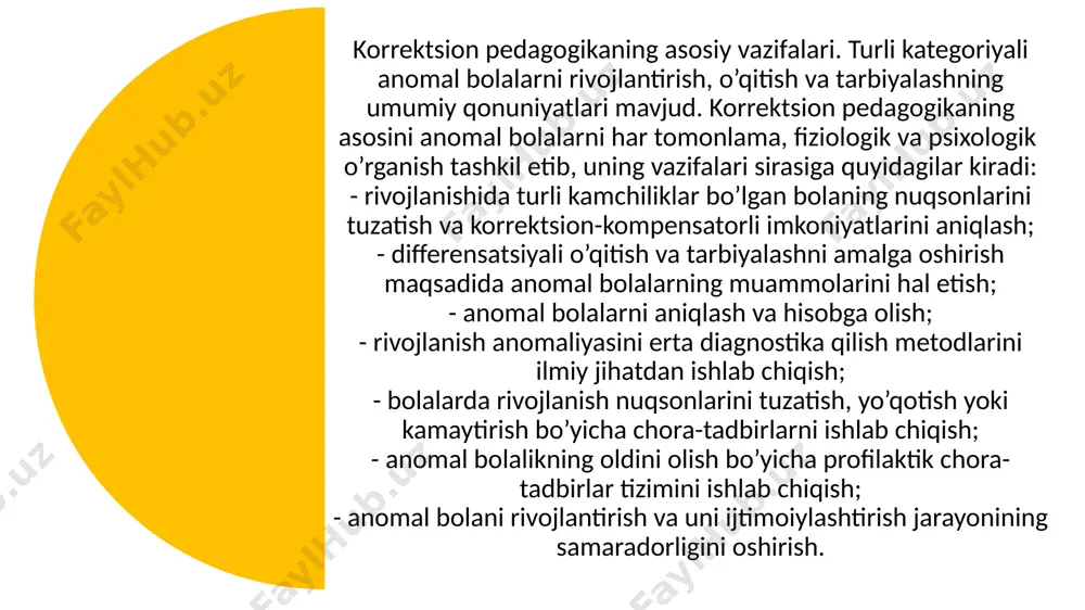 h — korrektsion pedagogikaning asosiy tushunchasi bo’lib, uning maqsad va vazifasi nuqsonning darajasi va tuzilishiga mos keladigan metod hamda vositalar yordamida anomal bolalarni faol ijtimoiy hayot va mehnatga tayyorlash, ularda fuqarolik sifatlarini shakllantirishdan iborat. anomal bolalarni tarbiyalash oila va ta’lim muassasasi o’rtasidagi yaqin aloqa, bir-birlarifii qo’llab- quvvatlash, bir-biriga yordam ko’rsatish, talabchanlik hamda oqilona mehribonlik asosida amalga oshiriladi. bunday bolalarda optimizm va ishonchni tarbiyalash, qobiliyatini shakllantirish yoki uning o’rnini bosuvchi imkoniyatni rivojlantirish, ijobiy sifatlarini tarbiyalash hamda harakatlari va xulqini tanqidiy baholash qobiliyatini rivojlantirish juda muhim. korrektsiya (yunoncha tuzatish) bolaning psixik va jismoniy rivojlanishidagi nuqsonlarni tuzatish, yo’qotish va pasaytirishni nazarda tutadi korrektsion-tarbiyaviy ishlar kategoriya sifatida shaxsning anomal rivojlanishi xususiyatlariga ko’ra umumiy pedagogik ta’sir ko’rsatish chora-tadbirlari tizimidan iborat. korrektsion - tarbiyaviy masalalarida sinf va sinfdan tashqari ishlarning barcha tur va shakllaridan foydalaniladi. korrektsion —tarbiyaviy ishlar anomal bolalarni o’qitish jarayonida amalga oshiriladi va mehnat tarbiyasini samarali tashkil etish uchun katta imkoniyatlar yaratadi. mehnat ta’limi …