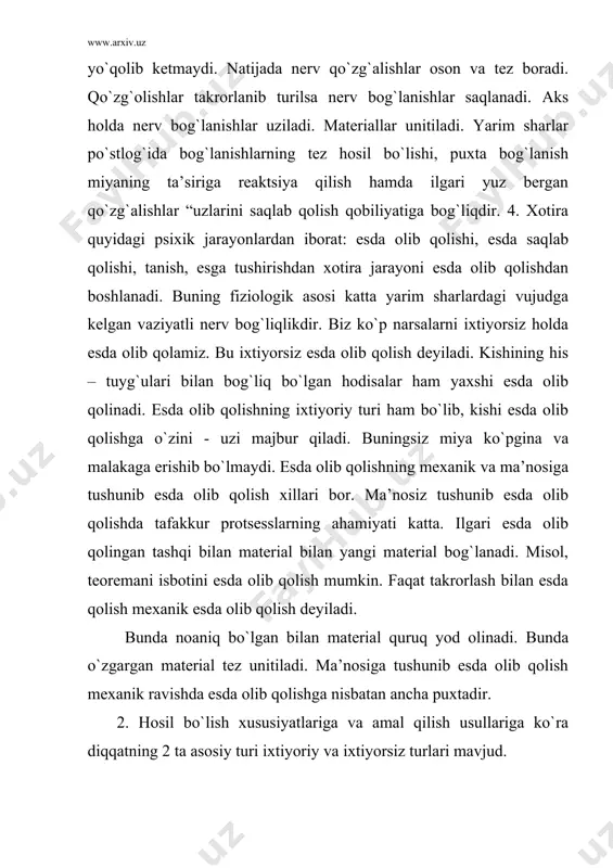 yoriy va ixtiyorsiz diqqatdan tashqari uning yana bir alohida turini - ixtiyoriydan so`ngi diqqatni alohida ko`rsatish mumkin. bu tushuncha psixologiyaga n.f.dobrinin tomonidan joriy etilgandir. ixtiyoriydan so`ngi diqqat biror narsaga uzoq vaqt davomida juda ham barqaror qaratilishi bilan belgilanadi, ko`proq yuqori darajadagi jadal va unumli aqliy faoliyatini, barcha turdagi mehnatning yuksak unumdorligini asosli ravishda ana shunday diqqat turi bilan bog`liqdir. diqqat turlicha sifat ko`rinishlari bilan ta’riflanadi. diqqatning bu ko`rinishlarini diqqatning sifati yoki diqqatning xususiyatlari deb ataladi. diqqatning barqarorligi, kuchishi, taqsimlanishi va ko`lami shular jumlasiga kiradi. diqqatning barqarorligi – diqqatga qaratilgan ob’ektlarning xususiyatlariga va yo`naltirilgan shaxsning faolligiga bog`liq bo`ladi. diqqat turlati va ularni qiyosiy xarakteristikasi diqqat turi paydo bo`lish shartlari asosiy xarakteristikasi asoslari ixtiyoriy vazifani qabul qilishi vazifaga asosan yo`nalganlik, irodaviy zo`r berish, uzoq muddatli diqqatning to`planganligi toilqtiradi ikkinchi signal sistemasini etakchi o`rni ixtiyoriydan so`nggi diqqat qiziqishi bilan yuzaga kelgan faoliyatga “kirish” maqsadga yo`nalganlik saqlab qolinadi, toliqish bo`lmaydi, qiziqish ortadi. faoliyat jarayoniga …