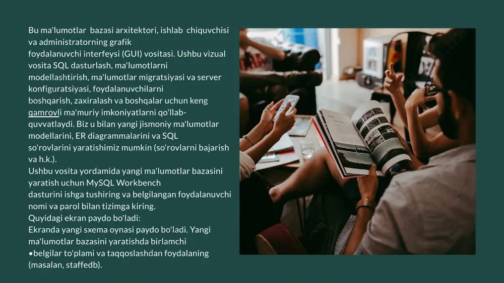 rovlar sql so‘rovlarning turli qismlariga kiritilishi mumkin. selectʼdagi kichik so‘rovlar. natijaviy to‘plamning bir qismi sifatida qaytariladigan qiymatlarni hisoblash uchun foydalaniladi. fromʼdagi kichik so‘rovlar. asosiy so‘rovda ishlatilishi mumkin bo‘lgan vaqtinchalik jadvalni yaratish uchun qoʻllanadi. whereʼdagi kichik so‘rovlar. satrlarni boshqa so‘rovga bog‘liq shartlar asosida filtrlash uchun ishlatiladi. havingʼdagi kichik so‘rovlar. guruhlangan ma’lumotlarni filtrlash uchun ishlatiladi. joinʼdagi kichik so‘rovlar. keyinchalik boshqa jadvallar bilan birlashtiriladigan virtual jadvallarni yaratish uchun qoʻllanadi. insertʼdagi kichik so‘rovlar. boshqa so‘rovdan olingan ma’lumotlarni kiritish uchun ishlatiladi. updateʼdagi kichik so‘rovlar. ma’lumotlarni boshqa so‘rov natijalari asosida o‘zgartirish uchun qoʻllanadi. deleteʼdagi kichik so‘rovlar. ma’lumotlarni boshqa so‘rovga bog‘liq shartlar asosida o‘chirish uchun kerak boʻladi. sql so‘rovlarga misollar onlayn do‘kondagi mahsulotlar haqidagi ma’lumotlar aks etgan goods jadvalini tasavvur qilamiz va bir nechta sql so‘rov namunalarini yaratamiz. jadvalda ustunlar mavjud: name – mahsulot nomi; price – mahsulot narxi; department – bo‘lim; orders – buyurtmalar soni. goods jadvalidan ma’lumotlarni chiqarib olish: select * from goods; mahsulot nomi …