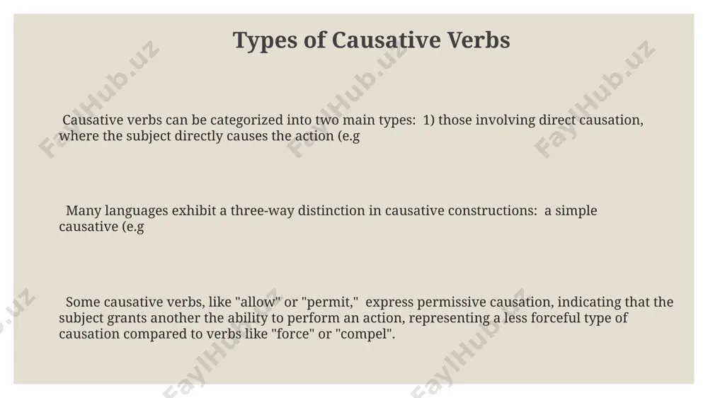 es. applications and examples causatives are crucial in legal contexts, describing actions causing harm; for example, "the defendant's negligence caused 3 injuries, leading to 2 lawsuits and significant financial repercussions for the company involved." in programming, causative verbs are used to explain how one action triggers another (e.g., "the user input triggered the function to execute 5 calculations within 2 seconds, generating the required output"). analyzing causative structures in literature reveals narrative techniques; authors use 1 causative verb to show character a's action prompting reaction b from character c, highlighting a crucial plot development. causative structures the causative "get" often implies a less direct involvement from the subject compared to "have," showcasing a 2-part difference in the causative force. for instance, "i got my car fixed" suggests less direct control than "i had my car fixed." causative structures in english utilize at least two verbs, a main verb indicating the …