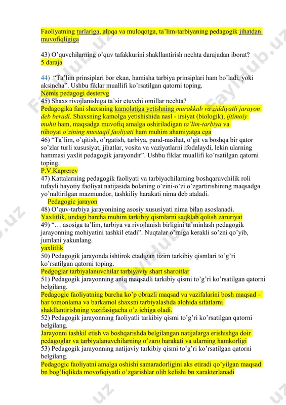 yotish faoliyati davomida boshqaalr bn doimiy muloqot va ijtimoiy guruhlarning tasiri ostida ijtimoiylashadi. 37) psixologik yondashuv xususiyatlari yoritilgan qatorni belgilang. insondagi psixik jarayonlar sezgi idrok fikrlash kabi tabiiy tavsifga ega,. insonning yunalganligi qiziqishlari qobilyatlari ijtimoiy hodisa hisoblanadi. 38) “gender” atamasi qachondan ilmiy iste’molga kiritilgan. 1967-yil amerikalik psixologik olim stoller . jins manosini bildiradi. 39) shaxsning ijtimoiylashuvi ta’rifi to’g’ri ko’rsatilgan qatorni ko’rsating. talim tarbiya tasirida inson psixologik funksiyalarining takamillashuvi ijtimoiy ahloqiy qadriyatlar, xulq atvor meyor va qoidalarning o’zlashtirilishi, dunyoqarashning boyish jarayoni va natijasi 40) ijtimoiylashuv mexanizmlarini belgilang. annanaviy instutsional shaxslar aro refleksiv 41) shaxsning rivojlanishi deganda nima tushuniladi odamning ijtimoiy mavjudot sifatida shaxsga aylanishi un ijtimoiy muhiot va tarbiya kk buladi. ana shular tasirida odam inson sifatida shakllanib boradi 42) o’quvchining iste’dod va qobiliyatining rivojlanishi nimalarga bog’liq faoliyatning turlariga, aloqa va muloqotga, ta’lim-tarbiyaning pedagogik jihatdan muvofiqligiga 43) o’quvchilarning o’quv tafakkurini shakllantirish nechta darajadan iborat? 5 daraja 44) “ta’lim prinsiplari bor ekan, …