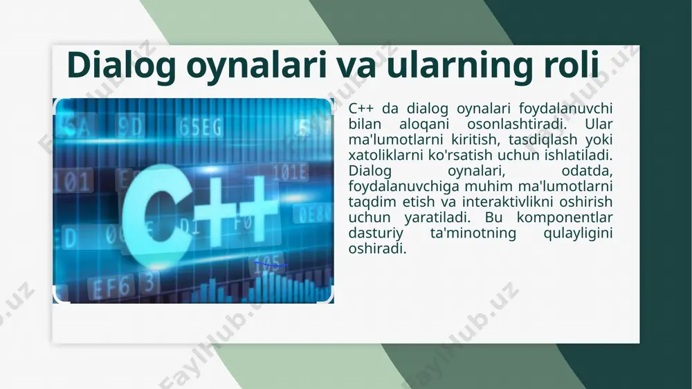 osiy vositalaridir. panellar esa ma'lumotlarni tuzish va ko'rsatish uchun qulay muhit yaratadi. dialog oynalari va panellar dialog oynalari foydalanuvchilar bilan muloqot qilishda muhim rol o'ynaydi. ular foydalanuvchilarga ma'lumot kiritish, xatolar haqida xabar berish va boshqa interaktiv vazifalarni bajarish imkonini beradi. panellar esa turli elementlarni joylashtirish va tartibga solish uchun ishlatiladi. panel va menyu tizimlari panel va menyu tizimlari c++ gui dasturlarida foydalanuvchi interfeysini tashkil etishda muhim ahamiyatga ega. panel yordamida turli elementlarni joylashtirish va ularni boshqarish mumkin. menyu tizimlari esa foydalanuvchiga dastur funksiyalariga tezkor kirishni ta'minlaydi. c++ da panel komponentlarini yaratish c++ tilida panel komponentlari, foydalanuvchi interfeysini yaratishda muhim rol o'ynaydi. ular turli elementlarni joylashtirish va tartibga solish uchun ishlatiladi. panel yordamida dasturiy ta'minotning ko'rinishini yaxshilash mumkin. panel komponentlari, odatda, boshqa komponentlar bilan birga ishlatiladi, masalan, tugmalar, matn maydonlari va menyular. c++ da gui komponentlari c++ da grafik interfeyslarni yaratishda turli kutubxonalar va vositalar mavjud. ushbu vositalar orqali foydalanuvchi interfeysini …