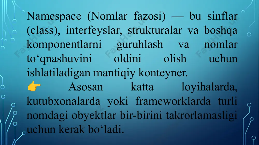 tem.io - fayllarni kiritish-chiqarishni qayta ishlash uchun ma’lumotlar tiplarini aniqlaydi. system.drawing system.windows.forms - windows forms texnologiyasidan foydalangan holda grafik ilovalar qurish uchun ma’lumotlar tiplarini aniqlaydi system.windows system.windows.controls system.windows.shapes - windows presentation foundation(wpf) muhitida ishlash uchun grafik instrumentlar to’plamini aniqlaydi. system.servicemodel - windows communication foundation muhitida ilovalarni yaratib taqsimlash uchun instrumentlarni aniqlaydi. system.security - kriptografik himoya bo’yicha ilovalar yaratishga imkoniyat beruvchi ma’lumotlar tiplarini aniqlaydi. yuqoridagi nomlar fazolari dasturga using kalit so’zi yordamida qo’shiladi. agar shaxsiy nomlar fazosini yaratganimizda, uning nomi qo’llash uchun juda ham uzun bo’lsa, quyidagi usuldan foydalanish kerak: using nom=”bu_juda_uzun_nom” namespace counter { // oddiy hisoblovchi class countdown { int val; public countdown(int n) { val = n;} public void reset(int n) { val = n; } public int count() { if(val > 0) return val--; else return 0; } } } asosiy dastur using system; class nsdemo { static void main() { counter.countdown cdl = new counter.countdown(10); int …