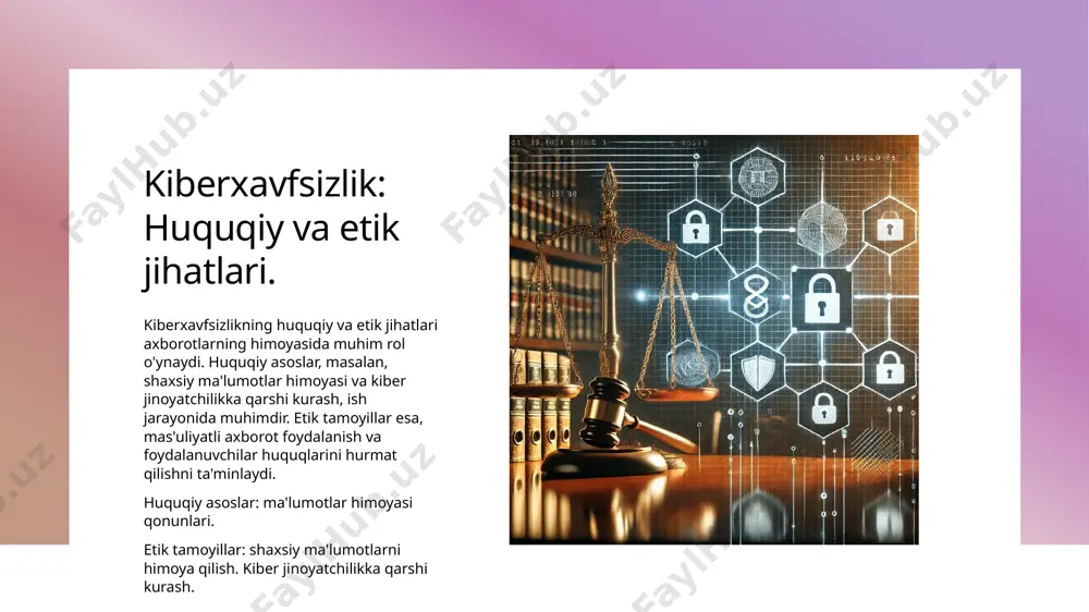 o'yish. kiberxavfsizlikda muvaffaqiyatli bo'lish uchun ta'lim va sertifikatlar muhim ahamiyatga ega. ushbu sohada keng tarqalgan sertifikatlar, masalan, comptia security+, cissp va ceh, mutaxassislikni oshirishga yordam beradi. mahalliy va xalqaro ta'lim muassasalari ushbu sertifikatlarni olish imkoniyatlarini taqdim etadi. karyera tarmog'ini yaratish: professional aloqalar va tarmoq. professional aloqalar tarmoqni kengaytirish onlayn platformalar karyera tarmog'ini yaratishda professional aloqalar muhim ahamiyatga ega bo'lib, ular tajriba almashish va imkoniyatlar kashf etish imkonini beradi. tarmoqni kengaytirish uchun konferensiyalar, seminarlar va boshqa tadbirlarda ishtirok etish zarur. bu sizga yangi odamlar bilan tanishish imkonini beradi. linkedin kabi onlayn platformalarda faol bo'lish, professional aloqalarni rivojlantirish va karyera imkoniyatlarini oshirish uchun muhimdir. bu platformalar global tarmoq yaratadi. o'zbekistonda axborot xavfsizligi sohasidagi ish joylari va imkoniyatlar. o'zbekistonda talablar o'zbekistonda axborot xavfsizligi sohasida ish joylari uchun dasturchi, tahlilchi va muhandis kabi mutaxassislar talab qilinmoqda, bu esa karyera imkoniyatlarini kengaytiradi. ish joylari imkoniyatlari o'zbekistonda davlat va xususiy sektorda kiberxavfsizlik bo'yicha keng imkoniyatlar mavjud. …