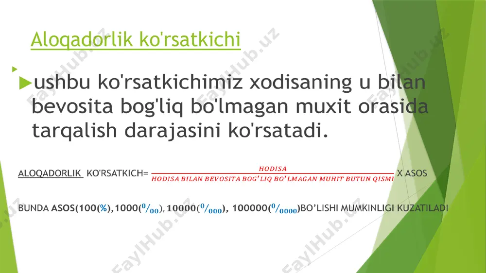 riment usulini asosiy vazifalari nimalardan iborat tavsiya etiladigan adabiyotlar (ishchi dasturi oxirida ularning ro'yxati keltiriladi). nisbiy miqdorla rning turlariga nimalar kiradi. aholi salomatligini belgilovchi qaysi asosiy ko'rsatkichlar intensiv ko'rsatkich bo'yicha hisoblanadi o'rtacha qiymatlar qachon qo'llaniladi. o'rtacha arifmetik qiymatni lahza usulida xisoblash bosqichlari nimalardan iborat statistik tadqiqot natijalarini baholashda qanday miqdorlar hisoblanadi. taqqoslanayotgan ikki ko'rsatkich orasidagi farqni xaqiqiyligiga baxo berishda qanday formulalardan foydalanamiz standart ko'rsatkichlarni xisoblash usullari nimalardan iborat. standart ko'rsatkichlarning to'g'ri usulini xisoblashning 4 ta bosqichlari nimalardan iborat. dinamik qatorlarini taxlil qilishda qaysi ko'rsatkichlardan foydalanamiz image1.png image2.png image3.png image4.png image5.png image6.png image7.png image8.png image9.jpg image10.png /docprops/thumbnail.jpeg