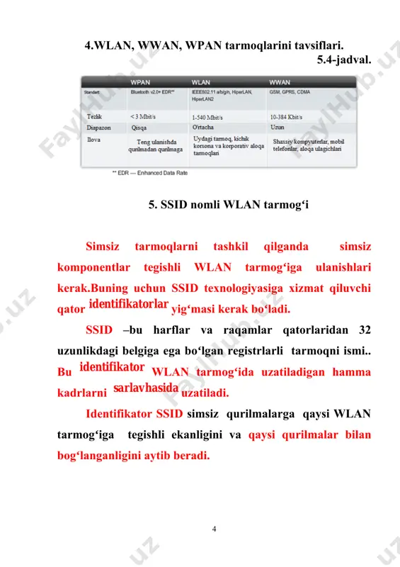 isokoskorostnie besprovodnoe seti-simsiz tezkor tarmoq) nomi bilan yuradi va dsss texnologiyadan foydalanib 1, 2, 5,5 va 11 mbit/s. tezlikda qurilmalarni oʻzaro ishlashini taʼminlaydi. simsiz lokal tarmoqlar boʻyicha ma’lumotlarni almashishini tashkil etish uchun lokal ieee 802.11b standartini tanlash maqsadga muvofiq. simsiz lokal tarmoqlarini (wirelesslan) komponentlari. standartni tanlagandan keyin wlan tarmogʻini hamma komponentlari bir biriga mos kelishlarini tekshirib chiqish kerak. wlan tarmogʻida simsiz kliyent yoki sta, kirish nuqtasi, simsiz koʻprik va antenna kabi komponentlar boʻlishi shart. antennalar: kirish nuqtalarida va simsiz koʻpriklarda ishlatiladi; simsiz qurilmani chiqishidagi signalni quvvatini oshiradi; boshqa qurilmalardan signallarni qabul qiladi, jumladan sta dan; antennadagi signalni kuchaytirish kuchaytirish deyiladi; signalning quvvati qancha katta boʻlsa uzatish masofasi shuncha katta boʻladi. antennalar signallarni tarqatish usuli boʻyicha :yoʻnaltirilgan va turli tomonlarga tarqatuvchi antennalarga boʻlinadi. turli tomonlarga signallarni uzatuvchi antenna hamma tomonga signallarni bir xil intensivlikda tarqatadi. yoʻnaltirilgan antenna signallarni bir tomonga yigʻadi, quvvatini oshiradi, uzatish oraligʻini kengaytiradi. 5.17-rasm.yoʻnaltirilgan antennali simsiz tarmoq 2 …