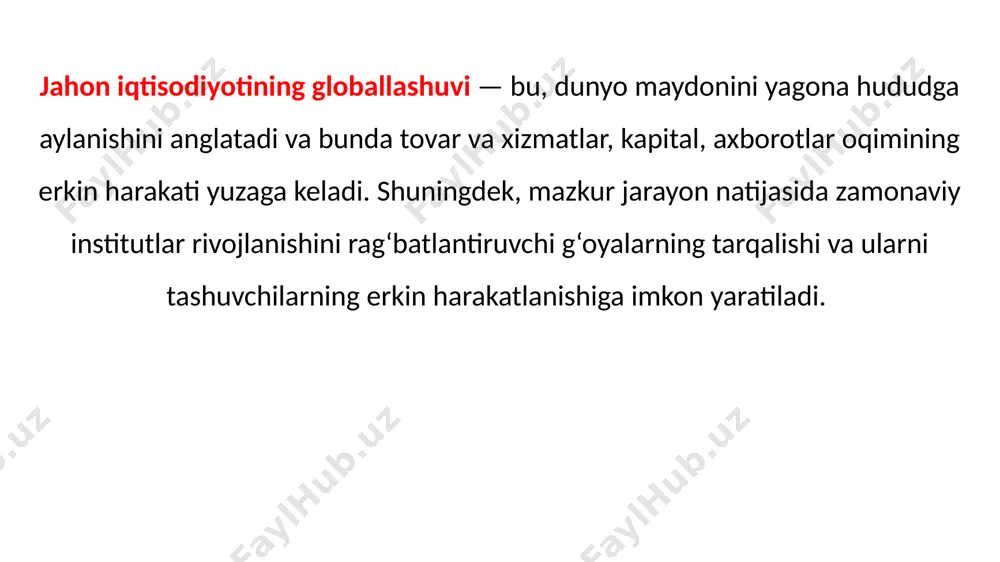 nsmilliy korporatsiyalar sonining ortishi; — iqtisodiy diplomatiyaning shakllanishi va rivojlanishi. globallashuv jarayoni jahon iqtisodiyotining quyidagi asosiy sohalari bo‘yicha keng rivojlanmoqda: — tovarlar, xizmatlar va intellektual rnulk obyektlarining xalqaro savdosi; — ishlab chiqarish omillarining xalqaro harakati; — xalqaro moliya-kredit va valuta operatsiyalari; — ishlab chiqiish, ilmiy-texnikaviy, texnologik va axborotlar sohasidagi hamkorlik. iqtisodchi olimlar fikriga ko`ra jahon iqtisodiyotida globallashuv jarayoni quyidagi holatlarni o‘z ichiga oladi: — mintaqaviy integratsion jarayonlarni jadallashtiradi; — xo‘jalik yuritishni to‘liq erkinlashtirmagan davlatlar iqtisodiyotining ochiqligini ta’minlaydi; — istalgan bozorlarga barcha ishtirokchilarning qarshiliksiz kirishini ta’minlaydi; — moliyaviy va savdo operatsiyalarni amalga oshirishga tegishli tartiblarni universallashtiradi; — bozorlarrii tartibga solish va nazorat qilishni bir me’yorga keltiradi, ya’ni unifikatsiya qiladi; — kapitalni joylashtirish, investitsion jarayonlar va umumjahon to ‘lov-hisob tizimiga qo'yilgan talablarni standartlashtiradi. globallashiiv tushunchasi yagona xalqaro iqtisodiy, huquqiy va madaniy-axbofot makoni shakllanishini anglatadi. globallashuv jarayoni iqtisodiy doiradan chiqqan holda jamiyat hayotining barcha asosiy solialariga sezilarli darajada ta’sir ko‘rsatadi. bu jarayon xx …