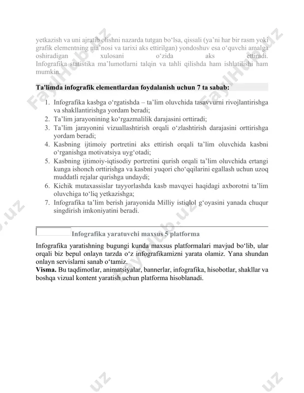 imkoniyatini beradi. начало формы infografika yaratuvchi maxsus 5 platforma infografika yaratishning bugungi kunda maxsus platformalari mavjud boʻlib, ular orqali biz bepul onlayn tarzda oʻz infografikamizni yarata olamiz. yana shundan onlayn servislarni sanab oʻtamiz. visma. bu taqdimotlar, animatsiyalar, bannerlar, infografika, hisobotlar, shakllar va boshqa vizual kontent yaratish uchun platforma hisoblanadi. visma da 5 ta loyihani bepul yarata olasiz. undan keyingilari uchun toʻlov qilishingiz talab etiladi. ushbu platforma yordamida dizaynerlik sohasidan ancha uzoqda boʻlgan va qobiliyatiga shubha qiluvchilar ham bemalol oson usullar yordamida infografika yarata olishadi. tayyor shablonlardan foydalangan holda, mavzuga mos keladigan uslubni tanlab olib, maʼlumotlarni oʻzgartirib oʻz tasavvuringizni reallikka koʻchira olasiz. canva. bepul turidan ham siz cheklanmagan loyihalarni, taqdimot, infografikalarni yarata olasiz. oʻz ichida koʻplab shablonlarni jamlagan. siz ularni oʻzgartirishingiz,boshqa kerakli detallarni koʻshishingiz ham mumkin. canva – bu nafaqat infografikani, balki grafik dizayn bilan bogʻliq deyarli hamma narsani yaratishingiz mumkin boʻlgan joy: logotiplar , tashrif qogʻozlari, restoran menyulari shular jumlasidandir. …