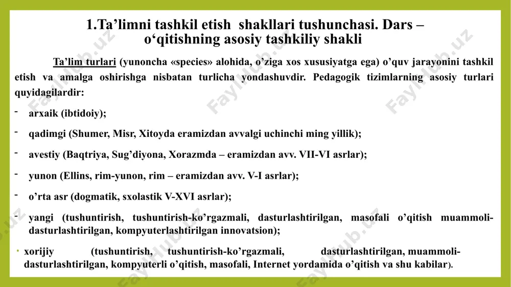 eng qo’llagan yordamchi savollarga javob topish metodi hisoblanadi. bu metod suqrotcha suhbat metodi nomini olgan. o’qituvchi (faylasuf) o’quvchida qiziqish, bilishga intilishni uyg’otadigan savoldan foydalanadi, mulohaza yuritish asosida o’quvchini voqea-hodisalarning mohiyatini idrok etishga undaydi. dogmatik o’qitish – jamoa asosida idrok etish faoliyatining ilk turi bo’lib, o’rta asrlarda keng tarqalgan. o’rta asrlarda g’arbiy evropada dogmatik o’qitishda lotin tili, markaziy osiyo mamlakatlarida esa arab tili etakchi o’rin tutgan. musulmon pedagogik kontseptsiyasi sezilarli intellektuallik xususiyatiga ega bo’lgan. komillikka bilimlaridan faol foydalana oladigan odamgina erishishi mumkin deb hisoblangan. “haqiqiy g’oyalar” (abu ali ibn sino. «donishnoma» ,«bilimlar kitobi»), haqiqiy bilimlarni o’zlashtirishga ikki to’siq xalaqit qiladi: so’zlarining aniq va fikrlarining tushunarli emasligi. mazkur kamchilikni bartaraf etishda logika alohida o’rin egallaydi. musulmon mamlakatlarida bolani o’qitish va tarbiyalashda u tomonidan qur’onning arab tilida yod olinishi bilim eshallashning asosiy shart hisoblangan. bundan tashqari xv-vii asrlarda bir qator maktablarda fors tili ham o’rgatilgan. asosiy ta’limni bolalar maktablar – boshlang’ich maktabda olganlar …
