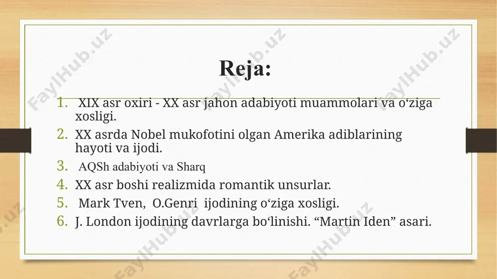 bda romanlar yaratildi; xx asr amerika adabiyotidagi realizm, modernizm va postmodernizm yo‘nalishlariga xos asarlar ijtimoiy-siyosiy jarayonlar ta’sirida turli janrlarda yaratildi. 1930 sinclair lewis (1885–1951) aqsh 45 oʻzining kuchli va grafik tasvirlash sanʼati va yangi turdagi personajlarni yaratish qobiliyati uchun[46] roman, qisqa hikoya, drama 1936 eugene oʻneill (1888–1953) aqsh 48 tragediyaning oʻziga xos konsepsiyasini oʻzida mujassam etgan dramatik asarlarining kuchi, rostgoʻyligi va teran his-tuygʻularni ifodasi uchun drama 1938 pearl buck (1892– 1973) aqsh 46 xitoydagi dehqonlar hayotining boy va chinakam epik tasvirlari, biografik durdonalari uchun roman, biografiya 1949 william faulkner (1897–1962) aqsh 52 zamonaviy amerika romantizmiga qoʻshgan kuchli va badiiy jihatdan noyob hissasi uchun roman, qisqa hikoya 1954 ernest hemingway (1899–1961) aqsh 55 chol va dengiz asarida namoyish etilgan hikoya qilish sanʼatidagi mahorati va zamonaviy uslubga koʻrsatgan taʼsiri uchun roman, qisqa hikoya, ssenariy 1962 john steinbeck (1902–1968) aqsh 60 uning realistik va xayoliy asarlari uchun, ular simpatik hazil va oʻtkir ijtimoiy …