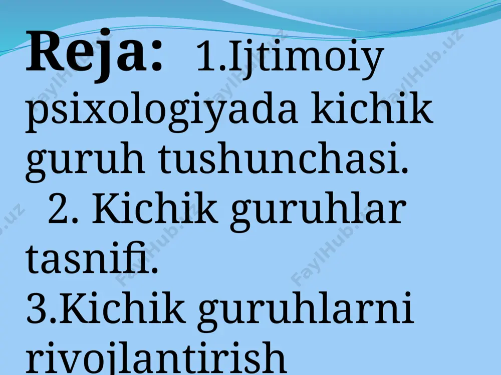boradi ( chunki , shaxslarning bir- birlari oldida maʼsuliyatlarining oshishi va yaqindan bilishlari ularning oʻrtasidagi aloqalarni doimo aniq boʻlishini talab qiladi . munosabatlardagi bunday nomutanosibliklar ochiq holdagi ziddiyatlarni keltirib chiqaradi). g. xaymen tomonidan 1942- yilda fanga kiritilgan . referent guruh - guruh ichidagi yoki tashqarisidagi guruh aʼzolari uchun har tomonlama oʻrnak boʻluvchi shaxs ( yoki shaxslar guruhi) eʼtiboringiz uchun tashakkur andijon davlat pedagogika instituti pedagogika fakulteti oʻzbek tili va adabiyoti yoʻnalishi 1- bosqich 101- guruh talabasi qahhorova jannatoyning umumiy psixologiya fanida tayyorlagan slaydi image10.png image11.jpeg image12.jpeg image3.jpeg