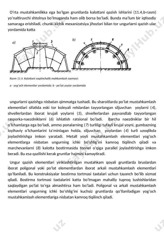 urning ichki bo‘shlig‘ini kuchsiz gruntlarda qo‘llaniladigan yog‘och mustahkamlash elementlariga nisbatan kamroq tiqilinch qiladi. 4-mavzu; ankerli mahkamlash reja; 1. tog‘ massiviga qadalgan ankerlar 2. po‘lat va temirbeton ankerlar yer osti ungurlarining ichki bo‘shliqni tiqilinch qilmaydigan samarali vaqtinchalik mustahkamlash elementlari sifatida ankerlab (shtangalab) mahkamlashni ko‘rsatish mumkin (11.5-rasm). bu usul barcha qoyali gruntlarda qo‘llanilishi mumkin. anker (1) oldindan burg‘ilangan silindrik teshikka-shpurga o‘rnatiladi va uni shpur osti yaqinida yoki uning butun uzunligi bo‘yicha mahkamlaydilar. tog‘ massiviga qadalgan ankerlar massivning qatlamlar va darzlar bilan bo‘lingan qismlarini mahkamlaydi, ochilgan gruntlarning turg‘unligini ancha oshiradi. rasm 11.5. ankerli mahkamlash: a - mustahkamlash sxemasi; b - po‘lat anker konstruksiyasi; v - temirbeton anker konstruksiyasi; 1 - anker; 2 - po‘lat to‘r; 3 - pona; 4 - anker sterjeni; 5 - qorishma; 6 - armatura sterjeni kuchsiz gruntlarda ankerlarni orqa tomoniga bostirmaning tortuvchi taxtalari joylashtirilgan metall yoylar tutib turadi. o‘rta mustahkam va mustahkam gruntlarda ankerlarga po‘lat to‘r (2) osib qo‘yiladi. …
