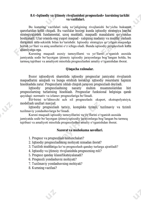 imli yondashuv; tuzilmaviy yondashuv; tizimli-tarkibiy yondashuv. tarixiy yondashuv har bir hodisaning tarixiy tuzilishi bilan o‘zaro bog’likligini ko‘rib chiqishdan iborat. o‘tmish hozirgi kun va kelajakning o‘zaro bog’liqligidan kelib chiqadi, kelajak hozirgidek mavjuddir. shuning uchun prognozlash hozirda mavjud bo‘lgan qonun va tendensiyalarni undan tashqariga o‘tkazadi va uning asosida kelajakning mavjud bo‘lmagan modelini ishlab chiqish bilan bog’liq. bir xil ko‘rinishdagi har xil tarixiy shakllarning mavjudligi orasidagi bog’liqlik izlanayotgan ob‘ektning hozirgi ko‘rinishi uning oldingi rivojlanish natijasi ekanligini bildiradi. bunday yondashuv mantiqiy izlanish ijtimoiy rivojlanish tarixiy xarakterining aksi hisoblanadi. kompleks yondashuv hodisalar va ularning bog’liqligi va karamligini ko‘rib chiqishni o‘z ichiga oladi. buning uchun shu hodisalarni o‘rganuvchi nafaqat bu fan, balki boshqa fanlarning ham usullaridan foydalaniladi. ijtimoiy-iqtisodiy ob‘ektlarning kelajakdagi rivojlanishi haqidagi ilmiy tasavvurlarni ishlab chiqishning nazariy asosi siyosiy iqtisod hisoblanadi. iqtisodiy prognozlashning amaliyoti va nazariyasida boshqa ijtimoiy fanlarning ilmiy apparati keng qo‘llaniladi. tizimli yondashuv murakkab iqtisodiy tizimlardagi hajmli va sifatli bo‘lishi mumkin bulgan jarayonlar o‘tishini …