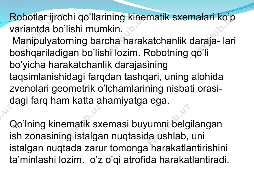 . yukni sirgichli konveyerda tashishda yuk darcha orqali ortiladi va kirgichlar uni nov yoki truba buylab siljitadi. ishni konveyerning pastki qismi bajaradi. richaklar tortish zanjiri 3 ga bikr qilib mahkamlangan bulib, yukni novlar 5 da kuchiradi. richaklar maxkamlangan tortish zanjiri oritish va taranglash yulduzchalari orkali utadi. k,irrichlar turtburchak, yarim dumalok, trapetsiyasimon kesimli bo’ladi. richaklar konveyerda yuklarni tashish tezligi 1 m/s gacha. plastinali konveyer donali zagotovka va buyum­larni tashish uchun ishlatiladi. ularda issik yuklarni xam ta­shish mumkin. konveyerni 35° gacha kiyalatib kuyish mumkin. bit­ta yoki ikkita tortish zanjiri 5 ga maxkamlangan metall plastinalar uning yuk tashuvchi organidir. tortish zanjiri bitta bulganda plastina zanjirga urtasidan, ikkita bulganda esa ik- ki chekkasidan makkamlanadi. katta massali silindrik detallarni kisib qo’yish uchun kaj ombir tipidagi qamragichlar ishlatiladi qamragich 2 ning ichki yo’zasida silindrik sirtli vkladishlar 3 bor. pona 1 ni surganda vkladishlar bir-biriga yakinlashadi yoki qzoqlashadi. markazlash teshiklari bor valiklar 2 tipidagi silindrik za­gotovkalarni bir …