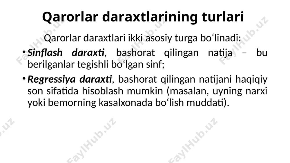 ibga solish" usulidan foydalanish kerak; qarorlar daraxtining usulining kamchiliklari: modelda tushunish qiyin bo‘lgan tushunchalar mavjud, chunki model ularni murakkab tarzda tasvirlaydi. ushbu hodisa xor, «chetnost» yoki multipleksarlik muammolari tufayli yuzaga kelishi mumkin. bunday holda, biz haddan tashqari darajada katta daraxtlarga duch kelamiz. ushbu muammoni hal qilishda bir nechta yondashuvlar mavjud, masalan, modeldagi tushunchani o‘zgartirishga urinish (yangi xulosalar chiqarish) yoki konsepsiyani to‘liq tasvirlaydigan va ifodalaydigan algoritmlardan (masalan, statistik munosabatlar usuli, dasturlashning induktiv mantig‘i). qarorlar daraxtini qurish entropiya. mumkin bo‘lgan holatlari n bo‘lgan tizim uchun shennon entropiyasi quyidagicha hisoblanadi: bu yerda – tizimning i-holatda bo‘lishining ehtimolligi. ushbu tushuncha fizikada, axborot nazariyasi va boshqa sohalarda keng qo‘llaniladigan muhim tushunchalardan hisoblanadi. entropiya tizimdagi xaos darajasini ko‘rsatadi. entropiya qanchalik yuqori bo‘lsa, tizim shunchalik kam tartiblangan bo‘ladi va aksincha. ushbu mezon “tanlanmani samarali ajratish” ni shakllantirishga yordam beradi. qarorlar daraxtini qurish 1-misol. sharcha rangini uning koordinatasi bo‘yicha aniqlash tanlanmada 9 ta ko‘k va 11 sariq sharchalar …