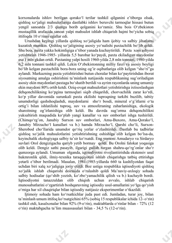 shlikka yо‘l qо‘yib bо‘lmasdi. о‘sha davrda ochilgan illatlar butun ittifoqga xos qusur edi. biroq “paxta ishi” oqibatida kо‘pgina halol va vijdonli kishilar ham tuhmat va uydirmalar bilan qamoqqa olindi. bu ish natijasida 5 ming kishi qamoqqa olindi va turli muddatlarga ozodlikdan mahrum etildi. faqat o‘zbekiston mustaqillikka erishishi bilan “paxta ishi” va undan oldingi qatag’onliklar oqibatida nohaq ozor chekkan minglab kishilar va ularning oila a’zolari oqlandi va haq-huquqlari tiklandi. 74 yil davom etgan bu tengsiz, yashirin kurash kommunistik tuzumi qulashi bilan tugallandi. urushdan keyingi yillarda ham respublikamizning mustamlaka maqomi saqlanib qoldi. bu davrda o‘zbekiston sanoati tabiiy, moddiy-texnika va mehnat resurslardan yanada kengroq foydalanildi. xuddi shu davrda o‘zbekiston yoqilg’i- energetika majmuining asosini tashkil etadigan qator yirik gaz konlari о‘zlashtirildi, nodir metallurgiya sanoati yaratildi, oltin qazib olish sanoati barpo etildi, kо‘p tarmoqli mashinasozlik markazlari barpo etildi. paxtachilikni rivojlantirish maqsadida “tashselmash”, “о‘zbekselmash”, “krasniy dvigatel”, “pod’yomnik” kabi zavodlarda tirkama uskunalar va traktorlar uchun ehtiyot qismlar …