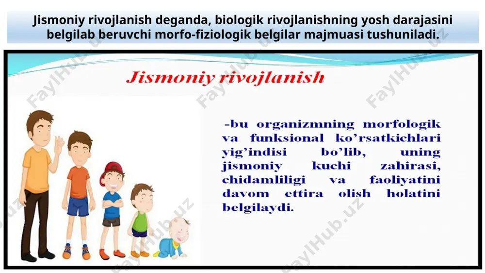 ), jinsiy rivojlanish alomatlari aniqlanadi. o’tkaziladigan antropometrik tekshiruvlar, bolalarning yoshiga qarab har xil tuzilishi mumkin. maktabgacha yoshdagi bolalarning jismoniy rivojlanishini aniqlashda qo’shimcha harakat faoliyati, hamda tilning rivojlanishiga ahamiyat beriladi. antropometrik tekshiruvlar kunning birinchi yarmida, asboblar yordamida yorug’ xonalarda, qulay mikroiqlim sharoitida o’tkazilishi kerak. 2. antroponometrik usul. tabiiy eksperiment usuli – gigiyena fanidagi asosiy usul bo’lib, u organizmga tashqi muhitning har tomonlama ta’sirini o’rganadi. bu usulda bola uchun tabiiy yashash sharoitida (dars soatlari, jismoniy mashqlar, sport va oddiy o’yinlar va boshqalar) organizm bilan atrof-muhit o’rtasidagi o’zaro bog’liqlik, tabiiy omillarning bola organizmiga ta’siri o’rganiladi. 3. tabiiy eksperiment usuli. tashqi muhit omillarining bola va o’smirlarning salomatligiga ijobiy va salbiy ta’sirini aniqlaydi. bu usullar yordamida, profilaktik chora-tadbirlar ishlab chiqish uchun zarur ma’lumotlar olinadi. keyingi yillarda esa fizika, radiotexnika, elektronika, kibernetikaning zamonaviy usullaridan keng foydalanilmoqda. masalan, tashhis qo’yishda kompyuter-tomografiyadan keng foydalanilmoqda. 4. statistika usuli. mashg’ulot maqsadi: antropometrik o’lchovlar o’tkazish orqali jismoniy rivojlanishga baho berish. ish …