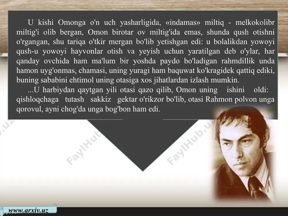 i. «enam ham otamdan chiqib ketgan edi bir-ikki marta. keyin qaytib kelib edi. bular ham keladi hali...» — deb o'yladi u va g'ashlanib esladi: o'shanda u har gal ota-si yonida qolar edi. kiyik ovlarga chiqqanda to'rt-besh kunlab kimsasiz kamarlarda yotib, pistirmalarda tunab, yolg'izlikka mutlaqo o'rganib ketgan omon mergan xotinsiz uyiga ham ko'nikdi. boladan uning ko'ngli xotirjam edi... www.arxiv.uz omon mergan tunda: o'rmonda, tog'da hech narsadan qo'rqmagani kabi jin-ajina degan narsalarga ham ishon-mas, shu ma'noda «qon tutadi», «gunoh», «ko'z tegadi» degan gaplarning ham uning uchun ma'nosi yo'q edi. masalan, qadimdan qolgan gap bor: ovchi kiyikdan bitta otishi kerak. aks holda, bir falokat yuz berishi mumkin emish. omon bu gapga ham panja orasidan qarardi. chunki bu gap — qadim-qadimdan kiyiklarni asrab qolish, ularni qirib yubormaslik uchun diniy tus berib aytilgan, deb o'ylardi. www.arxiv.uz ...omon «indamas»ni zanglatmaslik uchun o'rikzorga oraladi. bitta zag'izg'on otdi. so'ng uni olvolish, tog'da tulki ko'rgan yerlariga qo'yib poylashni o'yladiyu, …