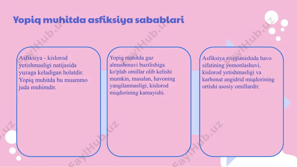 gi. asfiksiyadan saqlanish usullari yopiq muhitda asfiksiyadan saqlanish bo'yicha asosiy usullar va xavfsizlik choralarini ko'rish zarurligini tushuntirish. 1. havo sifatini doimiy nazorat qiling va havalandirishni ta'minlang. 2. asfiksiya xavfi bo'lgan joylarda xavfsizlik choralarini ko'ring, masalan, havo o'zgarishini nazorat qilish uchun signalizatsiya tizimlarini o'rnating. 3. odamlarni asfiksiyadan saqlanish bo'yicha ta'lim bering va xabardorlikni oshiring: asfiksiyaning sabablari, belgilari va oldini olish usullari haqida ma'lumot bering. xulosa yopiq muhitda asfiksiya sabablari gaz almashinuvi buzilishi va atrof-muhit omillaridir. ushbu omillarni aniqlash hayot muhimligini oshiradi. asfiksiya belgilarini erta aniqlash, simptomlar va xavflarni tushunish hayot qutqarishi mumkin. belgilarni bilish, xavflarni kamaytirishga yordam beradi. asfiksiyadan saqlanish uchun havo sifatini nazorat qilish va rejalashtirish zarur. bu, asfiksiya turlarini klassifikatsiyalash va xavflarni baholashni talab qiladi. foydalanilgan adabiyotlar 1. asfiksiya va uning turlari: yopiq muhitda xavf va oldini olish usullari. tibbiyot ilmiy jurnali, 2022 2. yopiq muhitda asfiksiya: sabablari va xavflari. o'zbekiston tibbiyoti, 2021 3. izlanishlar va asfiksiyaning klassifikatsiyasi. o'zbekiston …