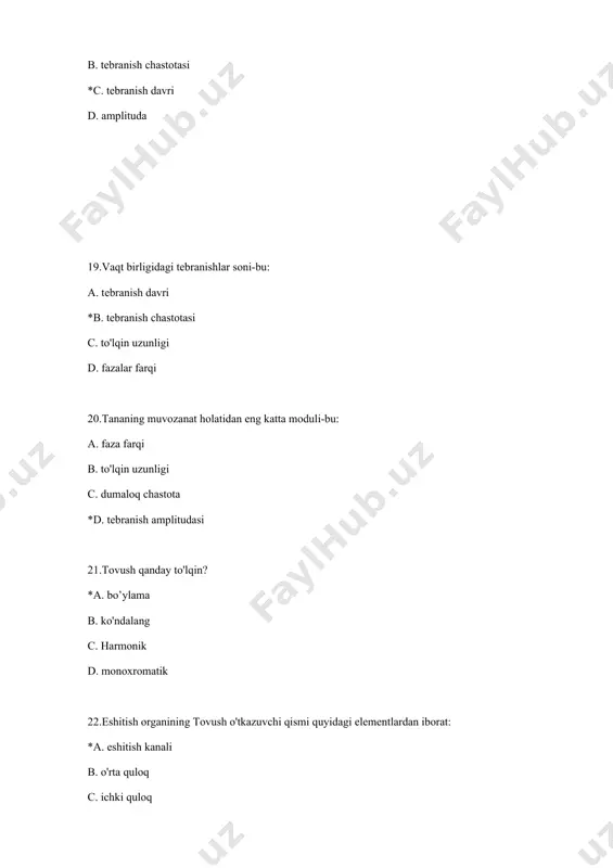kdir: a. tashqi kuch ta'sir qiladi b. ishqalanish kuchi ta'sir qiladi * c. tashqi kuchlar va ishqalanish kuchlarining ta'siri nolga teng d. tashqi kuchlar ham, ishqalanish kuchi ham harakat qiladi 42.perkussiya-bu diagnostika usuli: a. yurak tovushlari va shovqinlarini grafik ro'yxatga olish b. eshitish keskinligini aniqlash c. alohida organlarning ishlashi paytida yuzaga keladigan ohanglar va shovqinlarni tinglash *d. tananing alohida qismlarini urish paytida ularning tovushini tinglash 43.ton deganimiz bu: a. murakkab vaqtga bog'liqligi bilan ajralib turadi b. qisqa muddatli tovush ta'siri bilan ajralib turadi *c. davriy jarayon d.tasodifiy o'zgaruvchan murakkab ohanglardan iborat 44.tovush intensivligi - bu tovush to'lqinining fizik xarakteristikasi bilan aniqlanadi: a. pitch b. tovush tembri *c. tovush balandligi d. akustik tovush spektri 45.tovush intensivligi: a. tovush to'lqinlarining energiya oqimi b. tovush to'lqinlarining energiyasi *c.tovush to'lqinlarining energiya oqimining zichligi d. tovush to'lqinlarining energiya zichligi 46.auskultatsiya-bu diagnostika usuli: *a. ishlaydigan organlarning ohanglari va shovqinlarini tinglash b. tananing alohida qismlarini urish paytida …