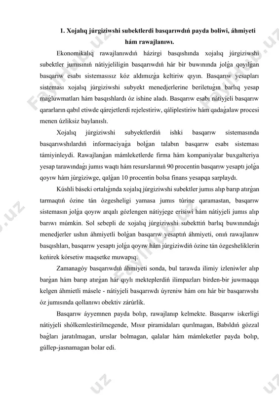 r mine usınday másláhátlerdi toplap, olardı belgili bir principler tiykarında toparlastırıwǵa háreket etken. olar tárepinen islep shıǵılǵan mine usınday toparlıq másláhátler basshılarǵa anıq baǵdarlar boyınsha qol keledi2. áyyemgi greciyada platon óndiris proceslerin qánigelestiriw zárúrligi haqqında sóz etken edi. sokrat hár qıylı iskerlik tarawları basqarıwshılarınıń iskerligin talqılay otırıp, olardıń miynetiniń tiykarın quraytuǵın ulıwma principler haqqında sóz etken edi: "baslı wazıypa - kerekli adamdı kerekli orınǵa qoyıw hám óziniń kórsetpeleriniń orınlanıwına erisiw." áyyemgi rimde úlken katon (biziń eramızǵa shekemgi 234-149-jıllar) jer iyesine tómendegishe keńes bergen: "jumıstıń barısı qanday, neler islendi hám jáne neler isleniwi kerekligine qaraw kerek. bunnan keyin ol basqarıwshıdan orınlanǵan jumıslar haqqında esabat hám ne ushın jumıstıń bir bólegi orınlanbaǵanlıǵı haqqında túsinik talap etiwi kerek." sonday-aq, basqarıwshıǵa jıllıq jumıs rejesin beriw usınıs etilgen3. basqarıw "nou-xau"ları basqarıw elitasınıń tar sheńberlerinde áwladtan-áwladqa ótip kelgen. basqarıw pániniń rawajlanıwına italiyalı mámleketlik gayratker makiavelli (1469-1527) úlken úles qosqan. ol bılay degen edi: "húkimdardıń aqılına birinshi …