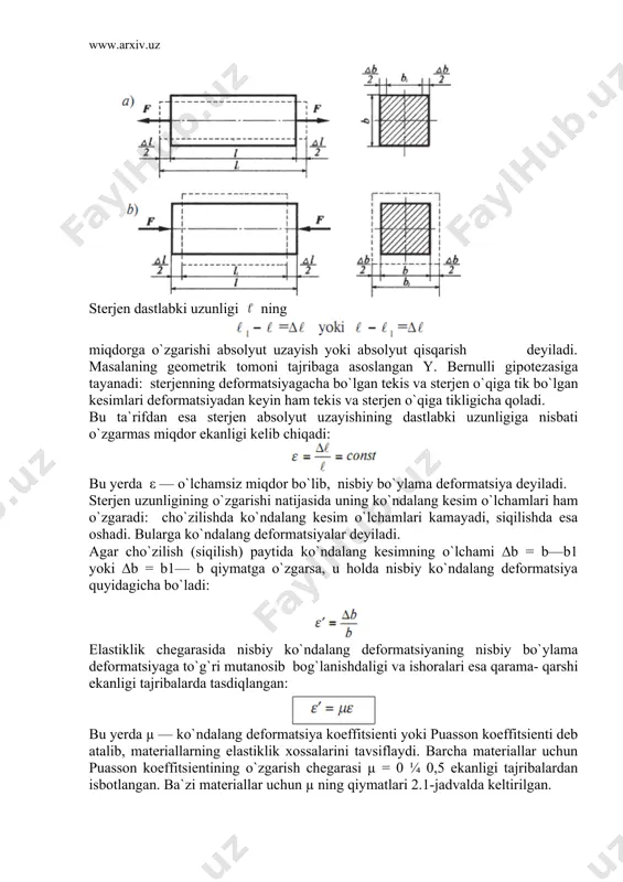 guk qonuni deyiladi. bu yerda e – birinchi tur elastiklik moduli yoki yung moduli deb atalib, kuchlanish o`lchov birligida ifodalanadi va materiallarning elastiklik xossasini tavsiflaydi. aniqrog`i uning qiymati qancha katta bo`lsa, material shuncha elastik deb hisoblanadi. 2.1-jadvalda ba`zi materiallar uchun e ning qiymati keltirilgan. agar elastiklik moduli e ning qiymati hamma yo`nalishlarda bir xil bo`lsa, u holda material izotrop deyiladi; izotrop materiallarga po`lat, cho`yan, quyma metallar va shu kabilar misol bo`ladi. aksincha, elastiklik moduli e ning qiymati hamma yo`nalishlarda turlicha bo`lsa, u holda material anizotrop deyiladi; yog`ochlar anizotrop material hisoblanadi. (2.13) ni nazarda tutib, oxirgi formulani quyidagicha yozamiz: endi markaziy cho`zilish (siqilish)ga oid masalalarni statik, geometrik va fizik nuqtayi nazardan tahlil qilish natijasida kelib chiqadigan xulosalar bilan tanishamiz. yuqoridagi formulalarni sterjenning absolyut deformatsiyasi ∆l ga nisbatan yechib, quyidagiga ega bo`lamiz: bu yerda ea – sterjenning cho`zilish va yoki siqilishdagi bikrligi. (2.16) formuladan quyidagi xulosalarga kelish mumkin: 1) bir xil o`lchamli …