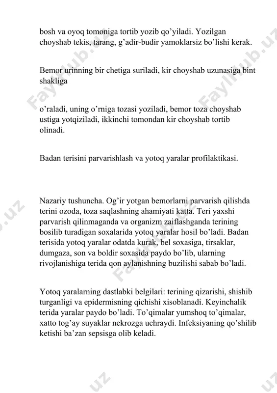 sh bo’yicha amaliy malakalar orttirish. kerakli jixozlar. tog’ora, sovun yoki shampun, taroq, iliq suv, taglik, sochiq. ishni bajarish tartibi. bemor yotgan karavotning bosh tomoniga tog’oracha quyiladi. bemorning boshini bo’yni satxidan orqaga tashlatirib quyiladi va tagiga taglik quyiladi. boshga sovun surtib, sochlar tagidagi teri yaxshilab ishqalanadi. so’ngra sochlar chayiladi va quriguncha artiladi. shundan so’ng qunt bilan taraladi. bemorning boshiga sochiq yoki rumol o’rab quyiladi. bemorlarning tana haroratini o’lchash, nafas olish sonini va tomir urish-pulslarni sanash hamda arterial qon bosimini o’lchash qoidalari sog’lom odamda tana harorati normada doimiy bo’lib, ertalabki va kechki soatlarda oz-moz o’zgarib turadi va 370 s dan oshmaydi. haroratning doimiyligi organizmda issiqlik ishlab chiqarilishi va isiqlik ajratish jarayonlariga bog’liq. bolalarda harorat birmuncha yuqori kensalarda bir oz pastroq bo’ladi. to’g’ri ichak va kindik harorat qo’ltiq va chov soxasining terisidagi haroratga qaraganda 10s ga yuqori bo’ladi. tana haroratini o’lchash va uni kuzatib borish tibiiyot hamshirasining vazifalaridan biri xisoblanadi. tana harorati tibbiyot …