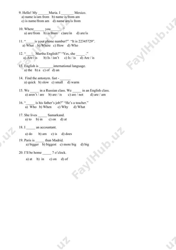 f karshi state technical universiti department of foreign languages final examination question paper question paper 2 group:__________________student`s name:___________________________________________ questions 1 2 3 4 5 6 7 8 9 10 11 12 13 14 15 16 17 18 19 20 answers correct answers: ___________ mark: ___________ 1. find the word or phrase that best completes the sentence: he can't go to see her tonight. he hasn't got _____ time. a) many b) much c) some d) a 2. choose the right translation: politely a) odobsiz b) qo’pol c) befoyda d) xushmuomalalik bilan 3. choose the right translation: preparation a) betayin b) tayyor emas c) tayyorgarlik d) betaraf 4. choose the right translation: prominent a) mashhur b) mavhum c) majbur d) majhul 5. choose the right translation: proverb a) maqol b) tarbiya c) aql d) mashq 6. find the word or phrase that best completes the sentence: nobody _____ hungry. a) are …
