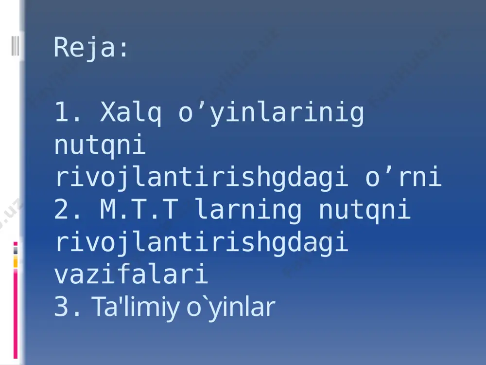 adi va qiziqishlari rivojlanadi. rolli o`yinlar orqali bolalarga ularni qurshab turgan kishilarning kundalik hayoti, o`zaro munosabatlari, turmush kechirish yo`sinlari bilan tanishib boradi. bolalar hamisha kattalarga taqlid kilishadi, qo`g`irchog`ini erkalayotgan qizcha onasining so`zini takrorlaydi, qo`g`irchog`ini beshikka belab alla kuylaydi, mana shu birgina o`yin orqali unda oila sharoitidagi ko`nikmalar hosil bo`layotganligini kuzatishimiz mumki bundan tashqari "shifokor", "sartaroshxona", "do`konda", "quruvchilar", "tikuvchilar", "bog`cha", "maktab - maktab" kabi o`yinlar orqali maktabgacha tarbiya yoshidagi bolalar qalbida kasbga qiziqish, faollik, o`zgalarga mehnatiga hurmat, ahil va inoqlilik, shirinsuhanlik kabi hislatlar o`stirib boriladi. bolalar yoshiga mos ertaklardan, rus xalq ertagi " sholg`om", "bo`g`irsok", o`zbek xalq ertagi "zumrad va qimmat", "ikki echki" kabilarni sahnalashtirish, qo`shiqlarni, she'rlarni, hazillarni yod oldirish bola xotirasini mashq qildiradi, fikrni to`plash qobiliyatini, so`z boyligini, nutq faoliyatini, estetik madaniyatini, bolalarda ijrochilik mahoratini, o`ziga bo`lgan ishonch kabi qobiliyatlarni tarkib topishiga yordam beradi. harakatli o`yinlar bolalardan epchillikni, chaqqonlikni, diqqatni bir joyga jamlashni, sezgirlikni talab kiladi. xalq o`yinlaridan "ismingni eslab …