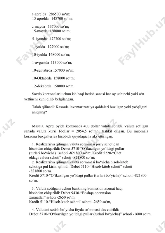 uskunalar” schoti -400000 so‘m. debet 0230-“mashina va uskunalarning eskirishi” schoti -392000 so‘m; kredit 9210-“asosiy vositalarning sotilishi va boshqacha chiqib ketishidan olingan foyda” schoti -392000 so‘m; debet 4010-“xaridor va buyurtmachilardan olinadigan schotlar” schoti -979200 so‘m; kredit 9210-“asosiy vositalarning sotilishi va boshqacha chiqib ketishidan olingan foyda” schoti -979200 so‘m; debet 4710-“xodimlarning kreditga berilgan tovarlar bo‘yicha qarzlari” schoti -195840 so‘m; kredit 6410-“budjetga to‘lovlar bo‘yicha qarzlar (turlari bo‘yicha)” schoti -195840 so‘m. xaridor to‘lovni ikki marta amalga oshiradi. 1) 15.08. sanada 35000 doll. 868000 so‘m. shu sanada 1 doll.= 24,8 so‘m. 2) 06.09. sanada 5000 doll. 126000 so‘m. shu sanada 1 doll. = 25,2 so‘m. uskuna jo‘natish qabul-topshirish akti bo‘yicha 10.09.da amalga oshirildi. shu sanada doll. kursi 25,4 so‘mni tashkil etgan. talab qilinadi: 1. auditor ushbu vaziyatni baholash uchun qaysi me’yoriy hujjatlardan foydalanishi lozim; 2. ushbu holatda auditor qanday audit usullaridan foydalanishi lozim? 3. bunday holatda auditorlar qanday yo‘l tutishlari lozim? masala. auditor bosh daftar …