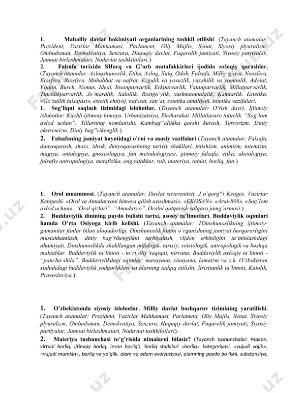i. yoshlar ishlari agentligi.) 2. diniy mutaassiblik (fanatizm)ning paydo bulishi, magik totemizm, diniy fetish izm va shamanizm. (tayanch atamalar: ekstremizm, diniy ekstremizm, fundamentalizm, mutaassiblik, aqidaparastlik, terror, terrorizm, xalqaro terrorizm, firqalar, xorijiylar, soxta salafiylar.) 1. o’zbekiston respublikasining konstitutsiyasi – mustaqil davlatning asosiy qonuni. (tayanch atamalar: davlat madhiyasi. konstitutsiya. referendum. taraqqiyotning “ o’zbek modeli”. reforma. bozor iqtisodiyoti. ijtimoiy himoya.) 2. islom dini paydo bo’lishidagi ijtimoiy sharoit (tayanch atamalar: islom dini, islomda mazxablar, xorijiylik, sunniylik, qur’oni ka’rim, xadis, imon, aqida, mazhab, oqim, firqa, hanafiylik, shofeiylik, molikiylik, hanbaliylik, fiqh, fatvo, mujtahid, sunniylik,tariqat.) 1. o’zbekistonda diniy bag’rikenglik va millatlararo totuvlikning ta‟minlanishi. (tayanch atamalar: oʻtish davri. ijtimoiy islohotlar. kuchli ijtimoiy himoya. urbanizatsiya, ekoharakat. millatlararo totuvlik. “sogʻlom avlod uchun”. yillarning nomlanishi. kambag‟allikka qarshi kurash. terrorizm. diniy ekstremizm. diniy bag‟rikenglik.) 2. islomda fan va ta’lim (tayanch atamalar: islom dini, islomda mazxablar, xorijiylik, sunniylik, qur’oni ka’rim, xadis, imon, aqida, mazhab, oqim, firqa, hanafiylik, shofeiylik, molikiylik, hanbaliylik, fiqh, fatvo, mujtahid, …