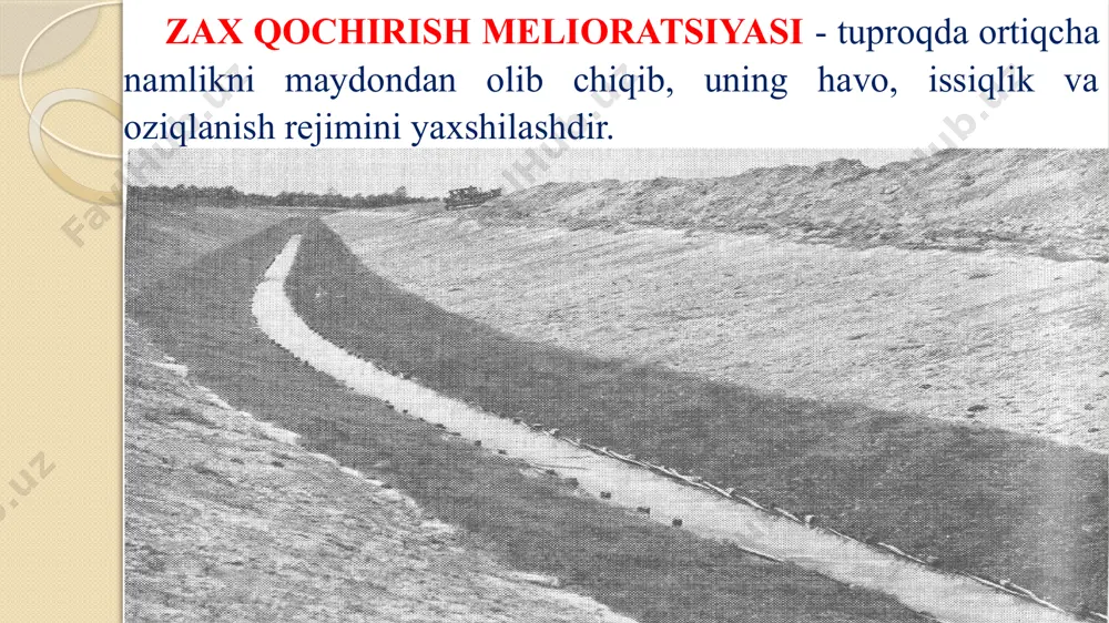 suvlarining ko‘tarilishi tuproqlarning botqoqlanishiga va ikkilamchi sho‘rlanishiga olib keladi. tuproqning sun’iy jarayonlar natijasida sho‘rlanishiga ikkilamchi sho‘rlanish deb aytiladi. sho‘rning o‘simlikka ta’siri tuproq sho‘rlangan bo‘lsa, urug‘larning nam tortishi juda sekinlashadi. urug‘ yaxshi unib chiqishi uchun namlik zarur bo‘lgan darajagacha ko‘tarila olmaydi. shu sababli urug‘ning unib chiqishi ancha sekinlashadi yoki butunlay unib chiqmaydi. tuproqning sho‘rlanish darajasining ortishi bilan tuproq eritmasining osmotik bosimi o‘simlikning so‘rish kuchidan ortib ketadi. shu sababli o‘simliklarning suv ichishi qiyinlashadi. tuproqning fiziologik quruqligi deb ataladigan sharoit vujudga keladi. bunda tuproqda namlik bo‘lishiga qaramay, o‘simlik yetarlicha suv icha olmaydi. natijada, uning hayot faoliyati yomonlashadi, rivojlanishi sekinlashadi. ekinlarning tuz ta’siriga chidamliligi: - o‘simliklarning turi, xili, navi va yoshiga; - tuproqning turi va undagi tuzlarning tarkibiga; - tuproqning namlik darajasiga; - tuproqdagi ozuqa moddalar miqdoriga; joyning iqlimiy sharoitlariga bog‘liqdir. qishloq xo‘jaligi ekinlarining normal rivojlanishiga to‘sqinlik qiladigan miqdorda suvda oson eriydigan tuzi bo‘lgan har qanday tuproq sho‘rlangan tuproqlar deyiladi. sho‘rlangan tuproqlar zax qochirish …