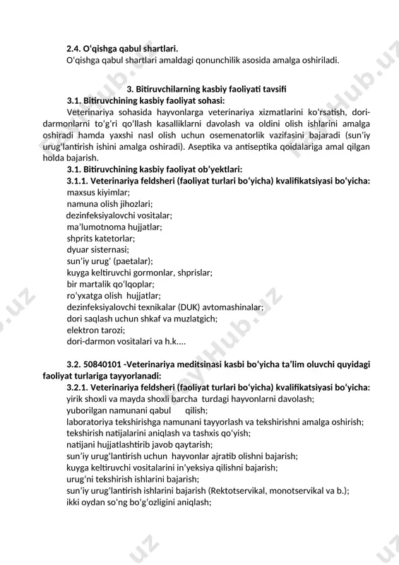 n chiqindilarni atrof-muhitga zarar yetkazmaslik choralarini koʻrish va utilizatsiya qilish; uk-12: sohaga oid ekologik madaniyatga rioya qilgan holda faoliyat olib borish; 4. 50840101 - veterinariya meditsinasi kasbi ta’lim dasturini o‘zlashtirgan bitiruvchi quyidagi kasbiy kompetensiyalarga ega bo‘lishi kerak. 4.2.1. veterinariya feldsheri (faoliyat turlari bo‘yicha) kvalifikatsiyasi bo‘yicha: kk-1.1. yirik shoxli va mayda shoxli barcha turdagi hayvonlarni davolash; kk-1.2.kasal hayvonlardan namuna olish va laboratoriyaga yuborish; kk-1.3. yuborilgan namunani qabul qilish talabini to‘g‘ri bajarish; kk-1.4. laboratoriya tekshirishga namunani tayyorlash va tekshirishni amalga oshirishda mehnatni muhofaza qilish va xavfsizlikni ta’minlash; kk-1.5. tekshirish natijalarini aniqlash va tashxis qo‘yish; kk-1.6. natijani hujjatlashtirib javob qaytarishni bilish; kk-1.7. sun’iy urug‘lantirish uchun hayvonlar ajratib olishni bilish; kk-1.8. kuyga keltiruvchi vositalarini in’yeksiya qilishni bilish; kk-1.9. urug‘ni tekshirish ishlarini bilish; kk-1.10. sun’iy urug‘lantirish ishlarini bajarish. (rektotservikal, monotservikal va b.); kk-1.11. ikki oydan so‘ng bo‘g‘ozligini aniqlash usullarini bajarishni bilish; kk-1.12 dezinfeksiyalash joyi aniqlash va dezinfeksiya ishlarini amalga oshirish; kk-1.13. maxsus kiyimlar tayyorlash; kk-1.14. …