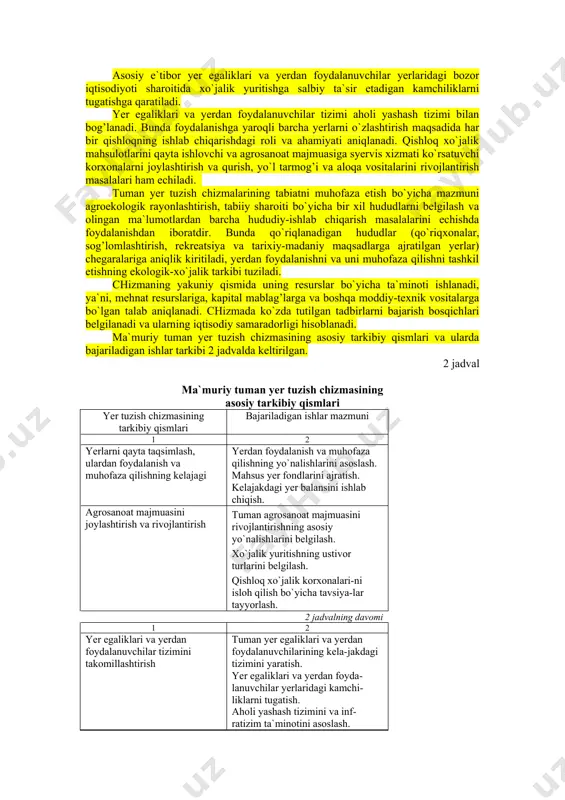 an foydalanuvchilar tizimi hisoblanadi. ekologik jihatdan tuman hududi takrorlanmas tabiiy va iqtisodiy sharoitlarga, o`ziga xos antropogen ta`siriga ega umumiy va cheklangan maydondir. ijtimoiy omillar nuqtai nazaridan ma`muriy tumanlar aholi tizimi, demografik o`zgarishlar, aholi tarkibi, madaniy-maishiy xizmat ko`rsatish tizimi bilan tavsiflanadi. shuning uchun ham tumanda yer tuzish mazmuni va amalga oshirish usullari bilan viloyatda va xo`jalikda yer tuzish ishlaridan keskin farq qiladi. ma`muriy tumanda yer tuzish chizmasi respublika yer resurslaridan foydalanish va ularni muhofaza etish chizmasiga nisbatan xususiy masalalarni echishga qaratilgan bo`lsa, yer tuzish loyihalariga nisbatan umumiy echimlarga ega bo`ladi. ular tumanda yer tuzish ishlarining strategik masalalarini echishga qaratilgandir. tuman yer tuzish chizmasi – bu o`zida yerlarni tarmoqlararo, xo`jaliklararo va xo`jaliklarda ichki yer tuzish bo`yicha ilmiy asoslangan tavsiyalarni mujassamlagan huquqiy, iqtisodiy va texnik hujjatlar, hisoblashlar va tushuntirish xatlari majmuidir. uni ishlashda quyidagilarni ta`minlash zarur: yerlarning agroekologik sifatini va bioiqlimiy salohiyatini hisobga olgan holda, ularni xalq xo`jaligi tarmoqlari orasida to`g’ri taqsimlash va …