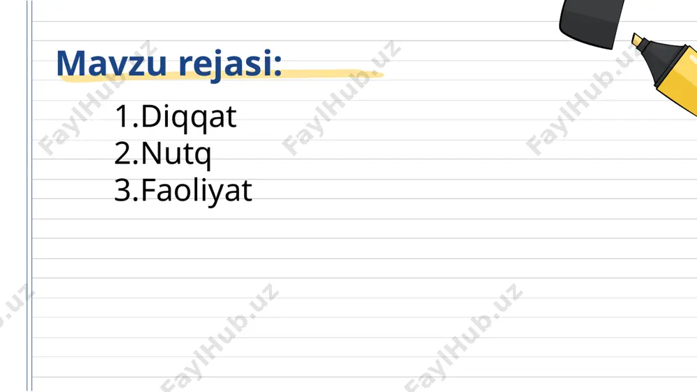 idir muloqot va komunikatsiya 01 verbal nutq orqali muloqotga kirishish ya’ni til yordamida noverbal kommunikasiyaga belgilarning optik-kinetik tizimi kirib, ularga jestlar (qo’l harakatlari), mimika (yuz harakatlari) va pantomimika (qo’l, oyoq, tana harakatlari) kiradi. jestlar - insonning qo’l harakatlari bo’lib, u orqali insonning ichki holati, biror bir ob'ektga munosabati va tashqi olamga yo’nalganligi ifodalanadi. mimika - inson yuz harakatlarining bir qismi bo’lib, u orqali insonning o’ylari, xatti-harakatlari, tasavvurlari, xotirlashi, taajjubi va hokazolarda namoyon bo’ladi. pantamimika – inson tana harakatlari yordamida muloqotning kamunikativ tomoni verbal va noverbal faoliyat faoliyat - kishining anglangan maqsad bilan boshqarilib turiladigan ichki (psixik) va tashqi (jismoniy) faolligidir faoliyat - insoniyatga xos ong bilan boshqariladigan ehtiyojlar tufayli, paydo bo’ladigan va tashqi olam bilan kishining o’z-o’zini bilishga, uni qayta qurishga yo’naltirilgan faolligidir. barcha faoliyat turlari tarkibida uchta tarkibiy qismni: maqsad-motiv-harakatni ajratish mumkindir. maqsad - inson faoliyati so’nggi natijasining obrazi sifatida namoyon bo’ladi va ehtiyojlarini amalga oshirilishidir. motiv - kishini …