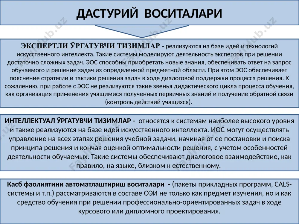 да ms powerpoint дастурида слайдлар яратиш, слайдаларга анимация, овоз, флэш-роликлар ўрнатиш. бундан ташқари, компьютер қурилмалари ва уларнинг вазифалари, ҳуқуқий хавфсизлик (муаллифлик ҳуқуқлари, лицензияланган дастурий таъминот тушунчаси), ахборот (вируслар ва бошқа зарарли дастурлар билан курашиш) ва техника (техника хавфсизлиги қоидаларига риоя қилиш, кичик носозликларни бартараф қилиш) хавфсизлиги бўйича дастлабки зарурий билимларни ҳам эга бўлишларини даврнинг ўзи кўрсатмоқда. хулоса ўрнида шуни таъкидлашимиз мумкинки, техника тараққий этаёган бу даврда ўқитувчининг ахборот технологиялари соҳасида етарлича билим ва кўникмаларига эга бўлиши ҳамда уни ўзининг иш фаолияти самарали фойдалана олишида таълим самарадорлигини ошишида беқиёс ҳисса қўшади деган умиддамиз. педагогик назорат деганда таълим олувчилар таълим-тарбияси натижаларини илмий асосланган тизим орқали текшириш тушунилади. таълим олувчининг билим сифатини баҳолаш ва ўлчашда барча меъёрий ҳужжатларда «назорат қилиш» тушунчаси қўлланилади. педагогик назорат – таълим олувчиларнинг назарий билими, кўникма ва амалий малакасини аниқлаш, ўлчаш ва баҳолаш. таълимнинг ахборотли модели нуқтаи назаридан билим — у ёки бу фан соҳаси ҳақида оддий ёки махсус …