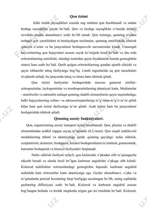 ga ega. gazlar almashinuvi, o’pka va to’qimalarda partsial bosimning farqi borligiga asoslangan bo’lib, uning oqibatida gazlarning diffuziyasi sodir bo’ladi. kislorod va karbonat angidrid asosan bog’langan holatda va kichik miqdorda erigan gaz ko’rinishida bo’ladi. kislorod, qayta o’girilish imkoniyatiga ega holda, nafas pigmenti - gemoglobin bilan, karbonat angidrid esa - suv, qonning asoslari va oqsillari bilan bog’lanadi. azot qonda faqat erigan holda bo’ladi va uning miqdori, hajmi bo’yicha, 1,2 % ni tashkil qiladi. сув 90-91% қуруқ модда 9-10% қон шаклли элементлар 40-45% тромбоцитлар (250-400),109/л эритроцитлар (4,5-5),1012/л лейкоцитлар (6-9),109/л yo’li bilan va 3) buyraklar orqali kislotalar ajralishini ko’paytirish, ishqoriy moddalarni saqlab qolish yo’li bilan. qonning rn doimiyligiga havf tug’ilganda, birinchi galda bufer tizimlari ishga tushadi. bunday tizimlardan qonda to’rtta ya’ni: karbonat, fosfat, plazma oqsillari va gemoglobinning bufer tizimi mavjud. karbonat bufer tizimi - kuchsiz karbonat kislota (n2so3) va bu kislotaning kuchsiz asoslari bilan hosil qilgan tuzlaridan (nanso3, knso3) iborat. qonda karbonat kislotadan kuchliroq …