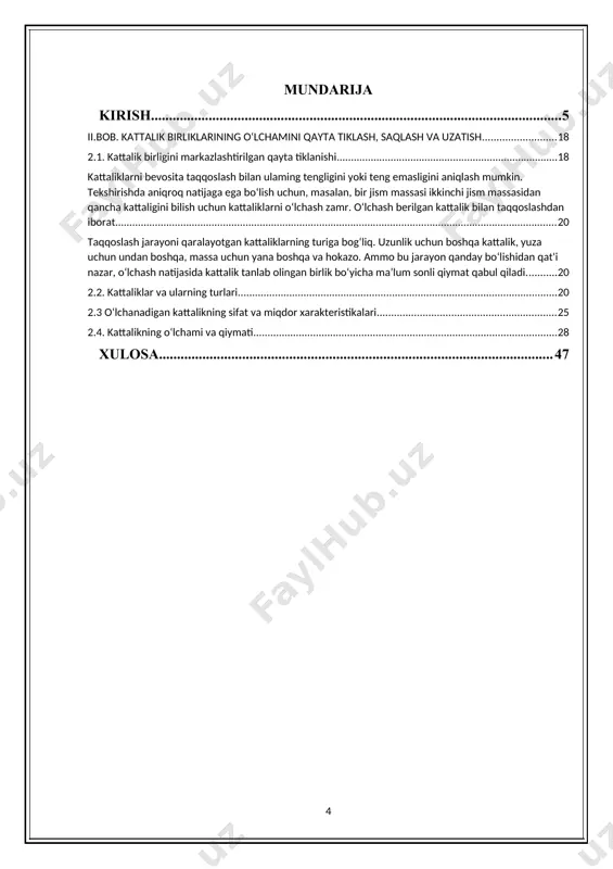 sifat darajasini yuqori ushlashda foydalaniladigan oʻlchash vositalarining toʻgʻri ishlayotganligi hamda oʻlchash natijalaridan olingan qiymatlarning aniqligini taʼminlashda, ularni oʻz muddatlarida metrologik tekshiruvdan oʻtkazishning ahamiyati katta. metrologiya fani texnika, arxitektura va qurilish sohalari yoʻnalishlarida bakalavrlar va muxandislar tayyorlashda oʻtilishi lozim boʻlgan fanlardan hisoblanadi. metrologiyada koʻp ishlatiladigan ayrim tushunchalar quyidagilardan iborat: metrologiya – oʻlchashlar, ularning birliligini taʼminlash usullari va vositalari hamda kerakli aniqlikka erishish yoʻllari haqidagi fan. nazariy metrologiya – metrologiyaning fundamental asoslarini ishlab chiqish predmeti boʻlgan sohasidagi metrologiya boʻlimi. qonunlashtiruvchi metrologiya – metrologiya boʻyicha milliy idora faoliyatiga qarashli va birliklar, oʻlchash usullari, oʻlchash vositalari va oʻlchash laboratoriyalariga davlat talablarini oʻz ichiga olgan metrologiya qismi. amaliy metrologiya – nazariy metrologiya ishlanmalarini va qonunlashtiruvchi metrologiya qoidalarini amaliy qoʻllanish masalalari bilan shugʻullanuvchi metrologiya boʻlimi. kattalik – sifat jihatidan ajratilishi va miqdor jihatidan aniqlanishi mumkin boʻlgan hodisalar, moddiy tizim, moddaning xossasidir. oʻlchanadigan kattalik – oʻlchash vazifasining asosiy maqsadiga muvofiq oʻlchanishi lozim boʻlgan, oʻlchanadigan yoki oʻlchangan kattalik. …
