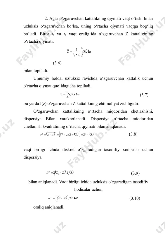 bu taqsimot funksiyasi shuncha yoyila boradi. ehtimollar nazariyasida amalga oshishi mumkinmi yoki yo‘qmi deb savol quyish mumkin bo‘lgan har qanday xodisalar voqealar yoki xollar deb ataladi. u yoki bu voqea ruy berishiga sabab bo‘lgan tajriba yoki shart-sharoitlar majmui ehtimollar nazariyasida sinash deb ataladi. agar berilgan sharoitda voqea albatta ro‘y beradigan bo‘lsa, bu voqea ishonchli voqea deb ataladi. agar u amalga oshmaydigan bo‘lsa, mumkin bo‘lmagan voqea deb yuritiladi. masalan, biz qog‘ozda uchburchak chizdik. bunda uning har bir tomoni qolgan ikki tomonining yig‘indisidan kichik bo‘lgmn uchburchak hosil bo‘lishidan iborat bo‘lgan voqea ishonchli voqeadir. tomonlarning biri qolgan ikki tomonining yig‘indisidan katta (uzun) bo‘lgan uchburchakning paydo bo‘lishi ham, garchi mumkin bo‘lmagan bo‘lsada, voqeadir. sinash natijasida ruy berishi mumkin bo‘lgan, shuningdek ruy berishi mumkin bo‘lmagan voqea tasodifiy voqea deb ataladi. tayanch tushunchalar. ehtimollar nazariyasi. tasodifiy voqealar va hodisalar. taqsimot funksiyasi. ehtimoliyat zichligi. sistemalar ansambli. gauss taqsimoti. sinash. foydalanilgan adabiyotlar. 1. a.k.kikoin, i.k.kikoin. molekulyar fizika, t. …