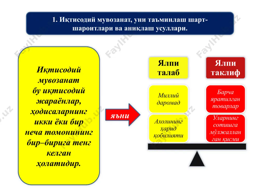 лиф жиҳатидан) иқтисодиётнинг ҳудудий таркиби иқтисодиётнинг такрор ишлаб чиқариш ва функционал таркиби (талаб жиҳатидан) ижтимоий-иқтисодий таркиб капиталнинг концентрациялашуви даражаси жиҳатидан таркиб алоҳида тармоқларнинг яимдаги улуши кўринишида аниқланади алоҳида ҳудудларнинг яимдаги улуши кўринишида аниқланади истеъмол харажатлари, ялпи инвестициялар ва соф экспортнинг яимдаги улуши кўринишида аниқланади давлат мулки ва хусусий мулк корхоналарининг яимдаги улуши кўринишида аниқланади йирик ва кичик бизнеснинг иқтисодиётдаги улуши кўринишида аниқланади бу давлат томонидан амалга ошириладиган, иқтисодиётнинг таркибий тузилишини такомиллаштириш, унинг самарадорлигини оширишга қаратилган чора-тадбирлар мажмуидир. давлатнинг таркибий ўзгаришлар сиёсати 1 мамлакат иқтисодиётининг диверсификациялашув даражасини кўтариш; 2 ташқи бозорлардаги конъюнктура ўзгаришларига кам таъсирчан бўлган тармоқлар ва соҳаларнинг яим ва бандликдаги улушининг юқори бўлишини таъминлаш; 3 тайёр маҳсулот ишлаб чиқарувчи, шунингдек экспорт қилувчи корхона ва тармоқларнинг хом ашё ва бутловчи қисмлар билан таъминланишида маҳаллий корхоналар улушининг устунлигига эришиш; 4 конъюнктура ўзгаришларига тез мослашувчан, капитал сиғими паст бўлган соҳа ва тармоқларнинг ялпи иқтисодий кўрсаткичлардаги салмоғини ошириш. ўзбекистонда 2003-2009 йилларда яим ўсиш …
