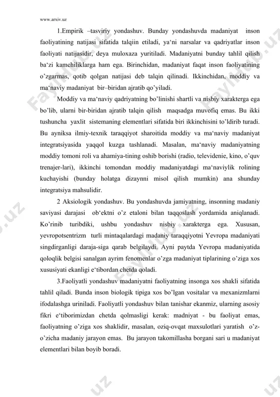 ga yordam beradi. ko’rinib turibdiki, madaniyat sohasiga doir xususiyatlarni turlicha ifodalash va tasvirlash mumkin, biroq bunda har safar tadqiqotning aniq maqsadlariga asoslanamiz. shunga qaramasdan ushbu tushunchaning asosiy mazmuni e‘tiroz tug’dirmaydi. moddiy va ma‘naviy qadriyatlar yig’indisi, shuningdek ularni yaratish yo’llari, ulardan kishilik jamiyatining taraqqiyot yo’lida foydalanish malakasi, ajdoddan avlodlarga yetkazish yo’llari madaniyat deb yuritiladi. madaniyatning boshlang’ich shakli va manbai inson mehnati hamda uning natijalari bilan bog’liq. madaniyatning ikki shakli mavjud. jamiyatda mavjud bo’lgan ishlab chiqarish vositalari va ijtimoiy borliqdan o’rin olgan mehnat vositalari moddiy madaniyatni tashkil etadi. moddiy madaniyat tabiatning inson tomonidan o’zlashtirilganligi darajasini ko’rsatuvchi tushunchadir. ma‘naviy madaniyatga esa fan, uning yutuqlarining ishlab chiqarish va maishiy hayotga joriy etilishi ta‘lim va maorif, tibbiyot, san‘at, axloq, jamiyat a‘zolari ehtiyojlari va manfaatlarining rivojlanganligi darajasi kiradi. ma‘naviy madaniyat, albatta, moddiylashgan holda mavjud bo’ladi. madaniyat - insoniyat tafakkurining mahsuli bo’lib, uni tashkil etgan ma‘naviy ne‘matlar bir tarixiy davr miqyosida emas, insoniyat tarixi davomida majud bo’ladilar. …