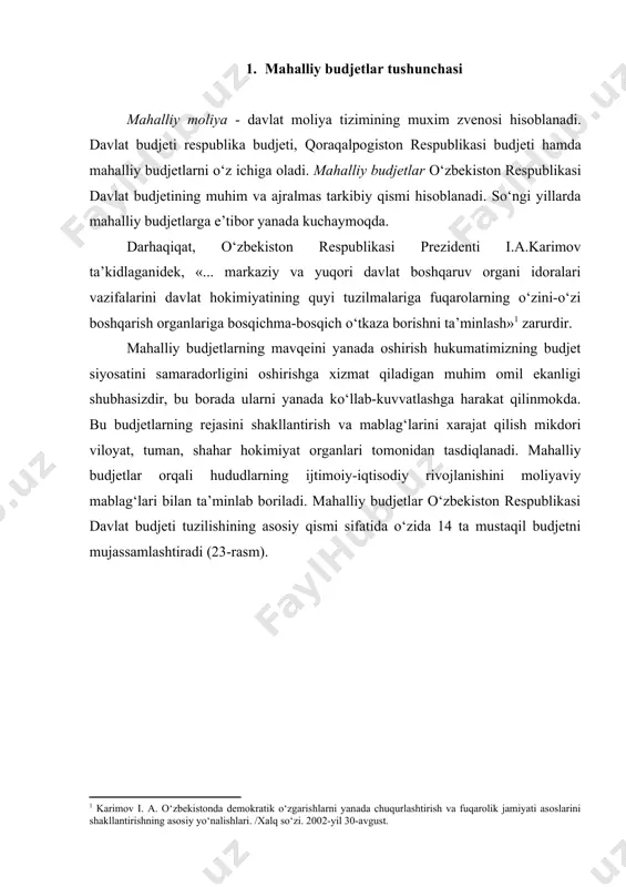ab chiqarish resurslarini rivojlantirishni budjetdan moliyalashtirish orqali yuz beradi. makroiqtisodiyotdagi real aylanishda davlat uz tovar va xizmatlari bilan ishtirok etsa, moliyaviy aylanishda budjetdagi puli bilan ishtirok etadi. oddiy qilib aytganda, mahalliy budjet ishlab chiqarishning yakuniy natijalarini aholiga yetkazishning asosiy kanallaridan biri hisoblanadi. mazkur budjetlar orqali markazlashgan jamg‘armalar aholining ayrim qatlamlari o‘rtasida taqsimlanadi. mahalliy budjetlardan ishlab chiqarish sohasining tarmoqlari, birinchi navbatda, oziq-ovqat va mahalliy sanoat, kommunal xo‘jalik va aholining turmush kechirishi uchun zurur bo‘lgan aholiga xizmat ko‘rsatish sohasi moliyalashtiriladi. o‘zbekiston respublikasining hokimiyat va boshqaruv, markaziy va mahalliy idoralari amalga oshiradigan moliyaviy faoliyat ular oldiga ko‘ygan maqsad va vazifalarga, berilgan vakolatlarga muvofiq turli shaklda amalga oshiriladi. mahalliy xokimiyat idoralari hokimlar, xalq deputatlari kengashlari uz vakolatlari doirasida mahalliy moliya faoliyatini amalga oshiradilar. mahalliy davlat hokimiyat idoralarining moliyaviy faoliyati moliyaviy masalalar sohasidagi qarorlar, farmoyishlar chiqarish, tegishli budjetlarni tasdiqdash va ijrosini ta’minlash, o‘z hududidagi davlat idoralari, korxonalari, tashkilotlar, moliyaviy faoliyatini nazorat kilish, muvofikdashtirish, tegishli ma’muriy-hududiy …