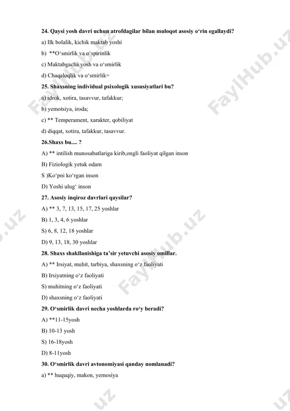 t, qaytaruv, ommaviy ta’sirlanish d) idrokning konstantligi, taxminlarning idrokka ta’siri qonuni, qaytaruv, kontrast 41. idrok qonunlari nechtadan iborat? a) 10 ta b) 5 ta c) *6 ta d) 7 ta 42. idrok fenomenlari qaysilar? a) gallyusinatsiya, ongsizlik, adaptatsiya b) **gallyusinatsiya, illyuziya, attraksiya, yaqqol ko‘rinish c) agglyutinatsiya, sensibilizatsiya, adaptatsiya d) giperbolizatsiya, gallyusinatsiya, adaptatsiya 43. interioretseptiv sezgilarni ko‘rsating a) muskul-harakat, hid bilish, ta’m bilish sezgilari b) **organik sezgilar c) organik sezgilar, statik sezgilar d) ko‘rish, eshitish, ta’m bilish 44. interiorizatsiya- .. a) faoliyat va uni tashkil etuvchi predmetli harakat aynan nimalarga yo‘naltirilganligi b) aqliy va jismoniy harakatlar mujassamligi c) ijodiy uyg‘onish paytida amalga oshiriladigan mavhum fikrlash faoliyati d) **ichki psixik faoliyatning tashqi amaliy faoliyatdan kelib chiqishi, tashqi harakatlarning ichki harakatlarga, tushunchalarga aylanish jarayoni 45. qaysi qatorda psixik jarayonlar to‘g‘ri ko‘rsatilgan? a) idrok, e’tiqodlilik, yo‘nalishlar b) **sezgilar, idrok, xotira, tafakkur, xayol, nutq, diqqat c) xotira, idrok, apatiya, ish uslubi d) ijodiy ruhlanish, xotira, …