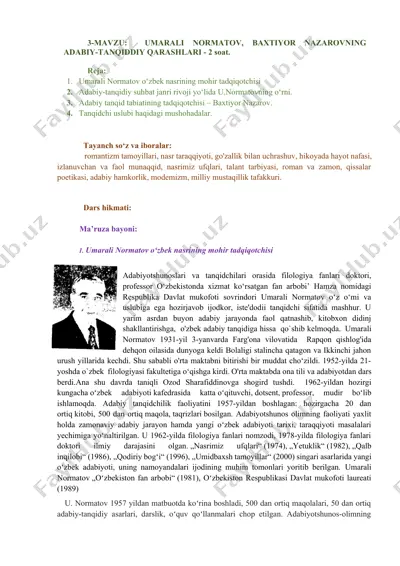 umarali normatov, bakhtiyor nazarovning adabiy-tanqiddiy qarashlari - 2 soat — DOCX