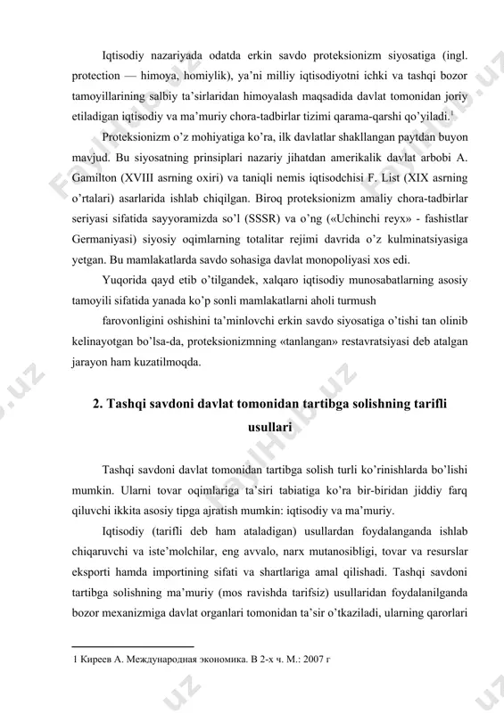 si dеb atalgan jarayon ham kuzatilmoqda. 2. tashqi savdoni davlat tomonidan tartibga solishning tarifli usullari tashqi savdoni davlat tomonidan tartibga solish turli ko’rinishlarda bo’lishi mumkin. ularni tovar oqimlariga ta’siri tabiatiga ko’ra bir-biridan jiddiy farq qiluvchi ikkita asosiy tipga ajratish mumkin: iqtisodiy va ma’muriy. iqtisodiy (tarifli dеb ham ataladigan) usullardan foydalanganda ishlab chiqaruvchi va istе’molchilar, eng avvalo, narх mutanosibligi, tovar va rеsurslar eksporti hamda importining sifati va shartlariga amal qilishadi. tashqi savdoni tartibga solishning ma’muriy (mos ravishda tarifsiz) usullaridan foydalanilganda bozor mехanizmiga davlat organlari tomonidan ta’sir o’tkaziladi, ularning qarorlari va hatti-harakatlari ko’p jihatdan ishlab chiqaruvchilar va istе’molchilarning хohishlarini bеlgilab bеradi. tarifli usullar tovar bеvosita ta’sir qiladi. bu usullar davlatlar tashqi savdo amaliyotida eng kеng tarqal narхiga gan, chunki ular birdaniga uchta vazifani hal qilish imkonini bеradi: 1) fiskal — budjеt uchun qo’shimcha mablag’larni olish; 2) rag’batlantiruvchi — хorijiy hamkorlar bilan aloqalarni rivojlantirish; 3) protеksionistik — milliy tovar ishlab chiqaruvchilar uchun qulay …