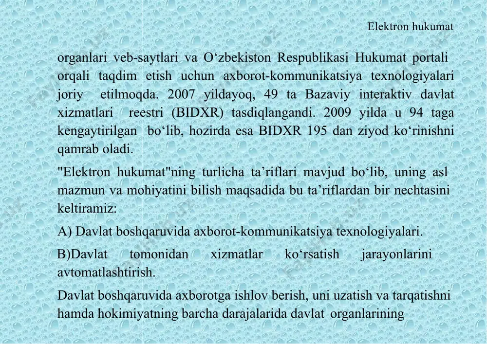 oiy xizmatlar, qo‘mitalar, tashkilotlar, umuman olganda, istalgan darajadagi elektron hukumat rahbar xodim bilan ochiq interfaol rejimda muloqot qila olish imkoniyatini yaratadi. "elektron-hukumat" tizimini yaratishdan asosiy maqsad ob’ektiv omillarni kamaytirgan holda davlat xizmatidagi mansabdor shaxslarni fuqarolar bilan yaqinlashtirishni ta’minlashdir. xullas, "elektron-hukumat" tizimi sarf-xarajat talab qiladigan tizim sifatida emas, balki davlat boshqaruvini amalga oshirish tamoyiliniyag jamiyatni axborotlashtirishdagi keng ko‘lamli elementi ko‘rinishida qaralmog‘i lozim. albatta, sodir bo‘ladigan o‘zgarishlar saylov tizimi, qonunchilik faoliyati, barcha darajadagi hokimiyatlarning fuqarolar oldidagi mas’ulligi nazoratini amalga oshirish tizimlari, ularning birlashmalari va tadbirkorlik faoliyatini qamrab olishi lozim. qisqacha aytganda, bu jarayonni jamiyat hayoti asosini aniqlovchi uch muhim sub’ektning elektron hukumat o‘zaro munosabatlari ko‘rinishida tasavvur qilish mumkin. bular: hukumat, fuqarolar va biznes sub’ektlar. bunda mamlakat fuqarolari birgalikda fuqarolik jamiyatini tashkil etsa, biznes sub’ekglari esa iqtisodiyotini birlashtiruvchi aniqlaydi, davlat esa yoki integratsiyalovchi o‘zaro tizim mamlakatning munosabatlarni hisoblanadi. 2. “elektron xukumat” modellari. axborot texnologiyalarining davlat boshqaruvi organlarida izchil joriy etilishi aktning davlat bosh- …