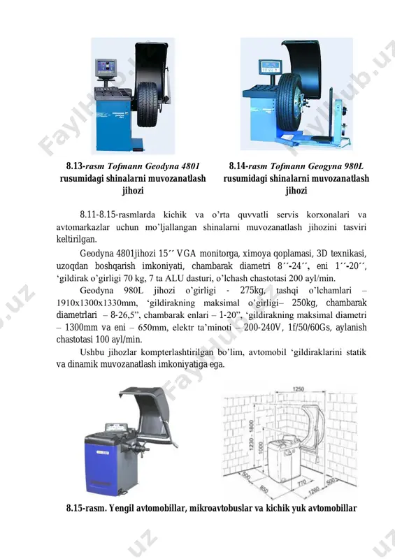 h jihozi, mod. sbm 150 va uni joylashtirish. ba‘zi bir jihoz modellarida ikkala tomondagi nomuvozanatlilik bir vaqtning o‘zida aniqlanishi mumkin. shinalarga texnik xizmat ko‘rsatishning ajralmas qismidan biri bu ‗gildiraklarning shikastilangan disklarini to‘‘grilashdir. ushbu ish kamerasiz shinalar uchun ayniqsa muhimdir. 8.16-rasm. avtomobil ‗gildiraklari diskini to‘‘grilash jihozi, mod. premerremer shikastlangan avtomobil disklari 8.16-rasmda aks ettirilgan jihoz yordamida to‘‘grilanadi. тransmissiya agregatlarini diagnostikalash jihozlari тransmissiyani diagnostikalashda avvalam bor avtomobil harakatlanish vaqtida agretalarini qizishi, avtomobilni inersiyasi bilan harakatlanish davomiyligi, bosqichlarni o‘z-o‘zidan ajralib ketishi yoki qiyinchilik bilan qo‘shilishi, shovqinlar to‘‘grisidagi haydovchisining malumotlari inobatga olinadi. bundan tashqari tashqi ko‘rikdan o‘tkazish natijalari, ya‘ni moylarning sizib chiqishi, deformatsiya va boshqalar, hamda avtomobilni umumiy diagnostikalash natijasida aniqlangan transmissiyadagi mexanik yo‘qotishlar qiymatlari xisobga olinadi. avtomobil transmissiyani diagnostikalash ko‘targich yoki ko‘rish chuqurligi, ki-4832 lyuftomeri, ki-1154 stetoskopi va kardan vali tebranishini tekshiruvchi ki-8902 a uskunalari bilan jihozlangan postda amalga oshiriladi. buning uchun dvigatel tirsakli valining 700-800 ayl/min chastotasida yetaklovchi ko‘prik ko‘tarilib, barcha bosqichlarning …