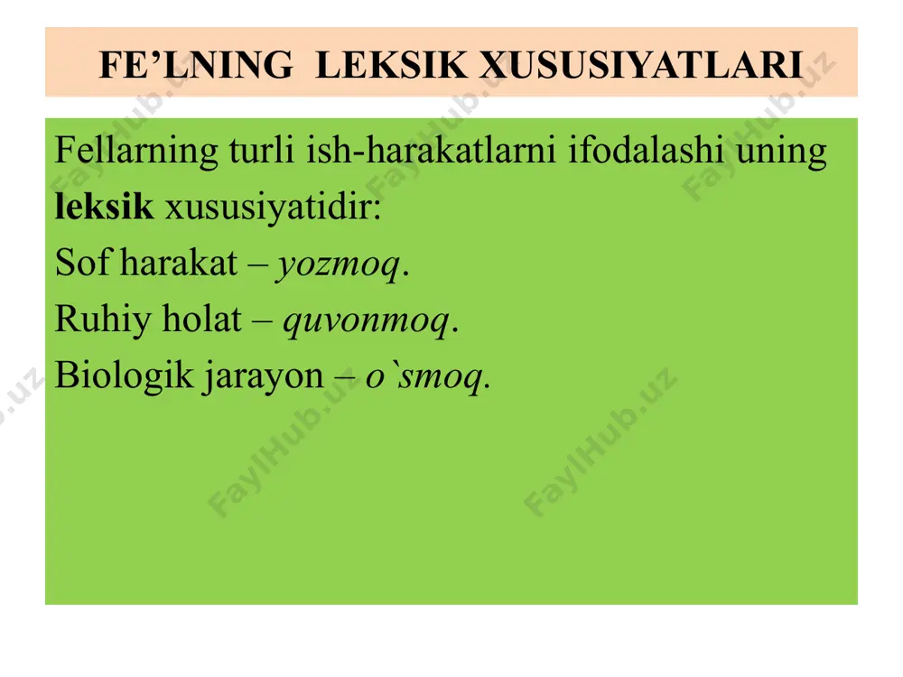 bunday fe’llar o’timli fe’llarning negiziga (-n, -in, -l, -il) qo’shimchalarini qo’shish bilan hosil qilinadi: barglar to’kildi, xazon to’plandi, eshik ochildi. 4. birgalik nisbat birgalik nisbatdagi fe’llar ish-harakatning bir necha shaxs yoki narsa-buyum tomonidan birgalikda bajarilganligini bildiradi va negizga (-sh, -ish) qo’shimchalarini qo’shish bilan hosil qilinadi: karim bilan ahmad maqola yozishdi. bolalar paxta terishdi. 5. orttirma nisbat orttirma nisbatdagi fe’llar ish-harakatning bajaruvchi ta’sirida boshqa biror shaxs yoki narsa-buyum vosidasida bajarilganligini bildiradi va negizga (-t, -tir, -dir, -ir,-ar, -iz, -giz, -kiz, -g’iz, -gaz, -qaz, -sat) qo’shimchalarini qo’shish bilan hosil qilinadi: o’qit, keltir, yozdir, turg’iz, ko’rgaz, o’tkaz. fe’lning munosabat shakllari: 1. fe’lning shaxs-son shakllari 2. fe’lning zamon shakllari 3. fe’lning mayl shakllari fe’lning tahlil qolipi: 1. so’rogi aniqlanadi. 2.ma’no guruhi. 3.bo’lishli yoki bo’lishsizligi. 4.o’timli yoki o’timsizligi. 5. nisbati 6. shaxs-son 7.zamon turi 8.mayl turi 9.yetakchi, ko’makchi fe’llar bo’lsa aniqlanadi. 10.vazifa shakllari 11. tuzilish turi. 12. tub yoki yasamaligi 13. gapdagi sintaktik vazifasi. /docprops/thumbnail.jpeg